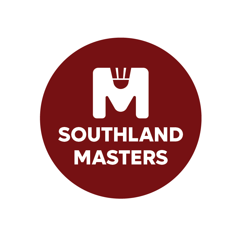 Logo with a stylized letter M and a plug above it inside a red circle, with the text "SOUTHLAND MASTERS" below.