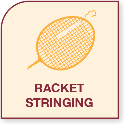 Illustration of a tennis racket with the words 'RACKET STRINGING' beneath it.