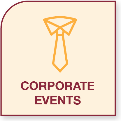 Icon of a tie representing a suit and tie, with the text 'Corporate Events' below, on a beige background.