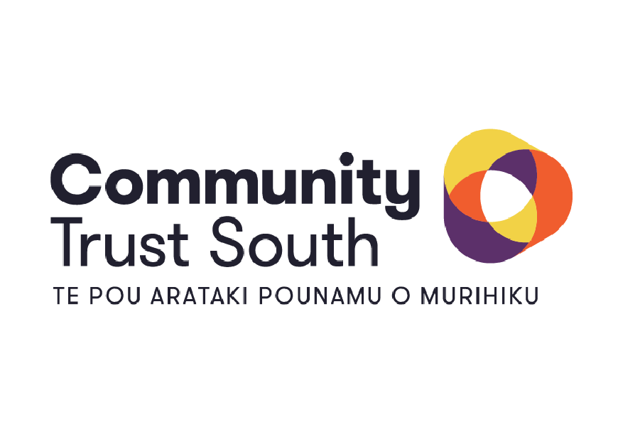 Logo for Community Trust South with stylized overlapping circles in yellow, orange, purple, and red, and text in English and Maori.