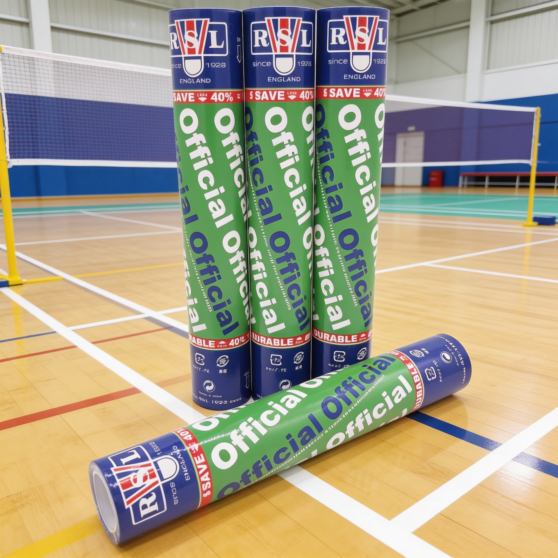 Vertical tube of RSL No. 1 Badminton Shuttlecock with green and gold decorative design and text, including RSL logo at the top, and website www.RSL-1928.com at the bottom.