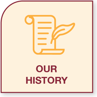 A stylized illustration of a scroll with a quill pen, and the text "Our History" underneath.