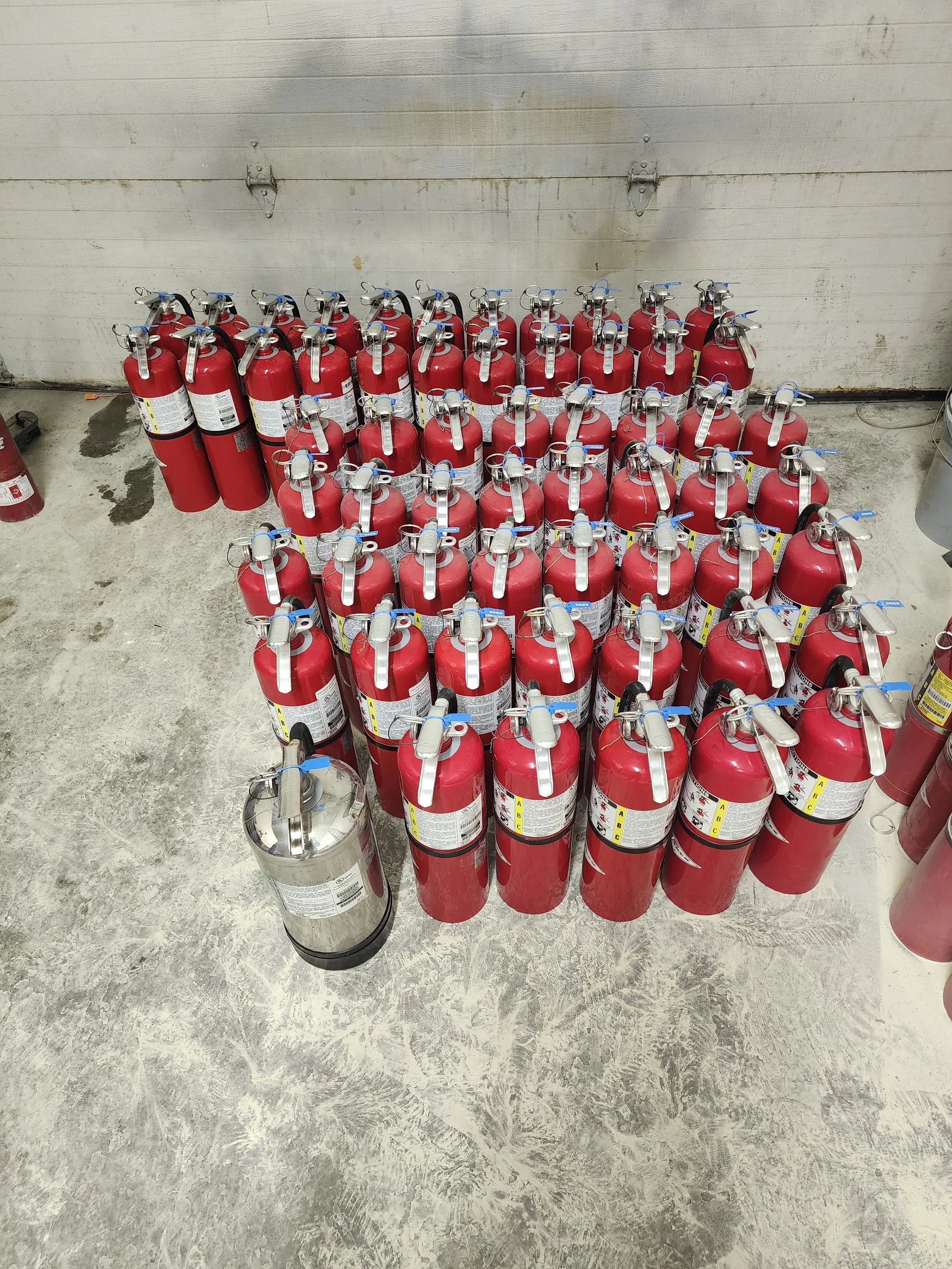 A group of red fire extinguishers arranged on the floor in front of a garage door.