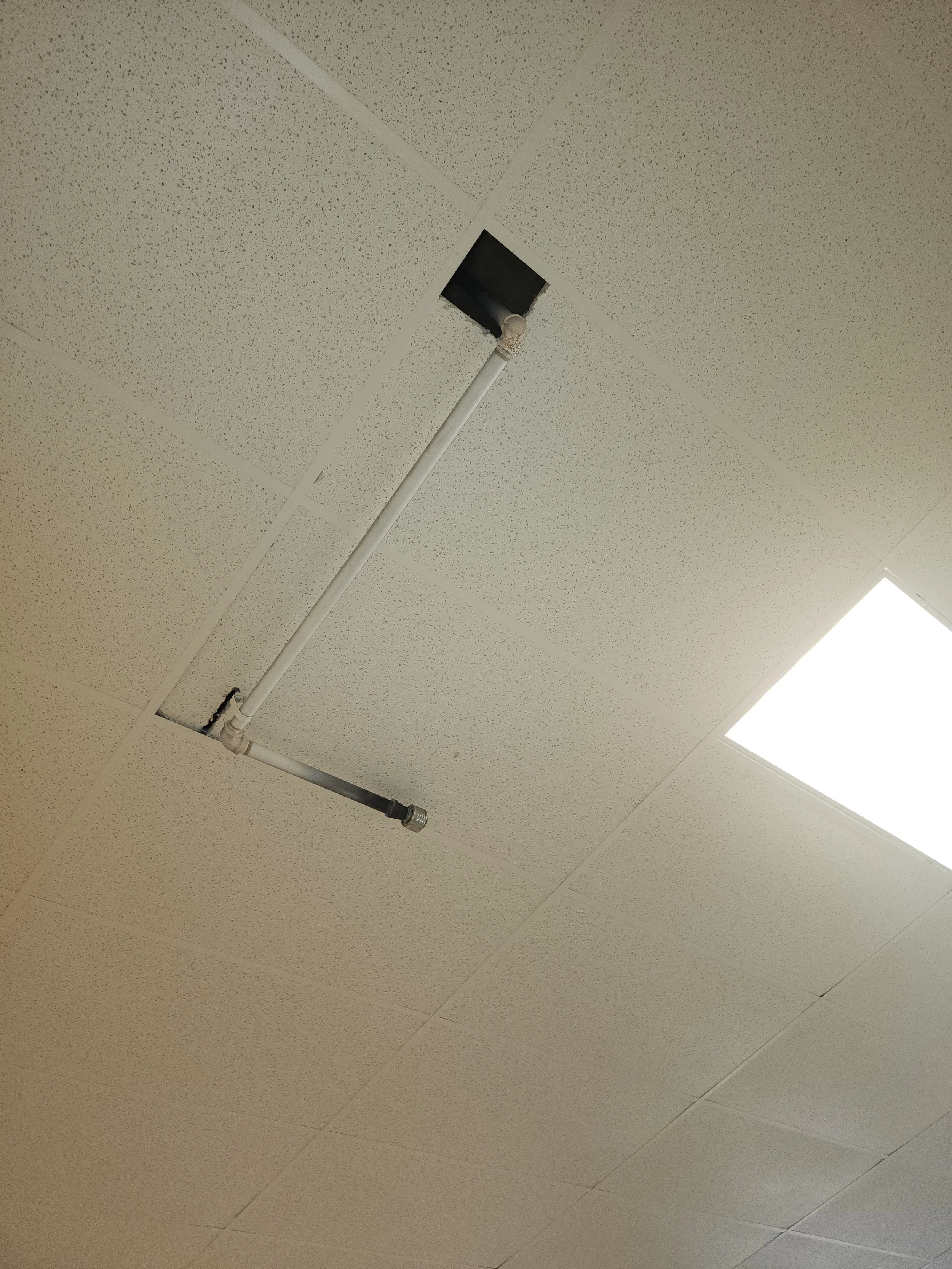 Ceiling with a fluorescent light and exposed piping.