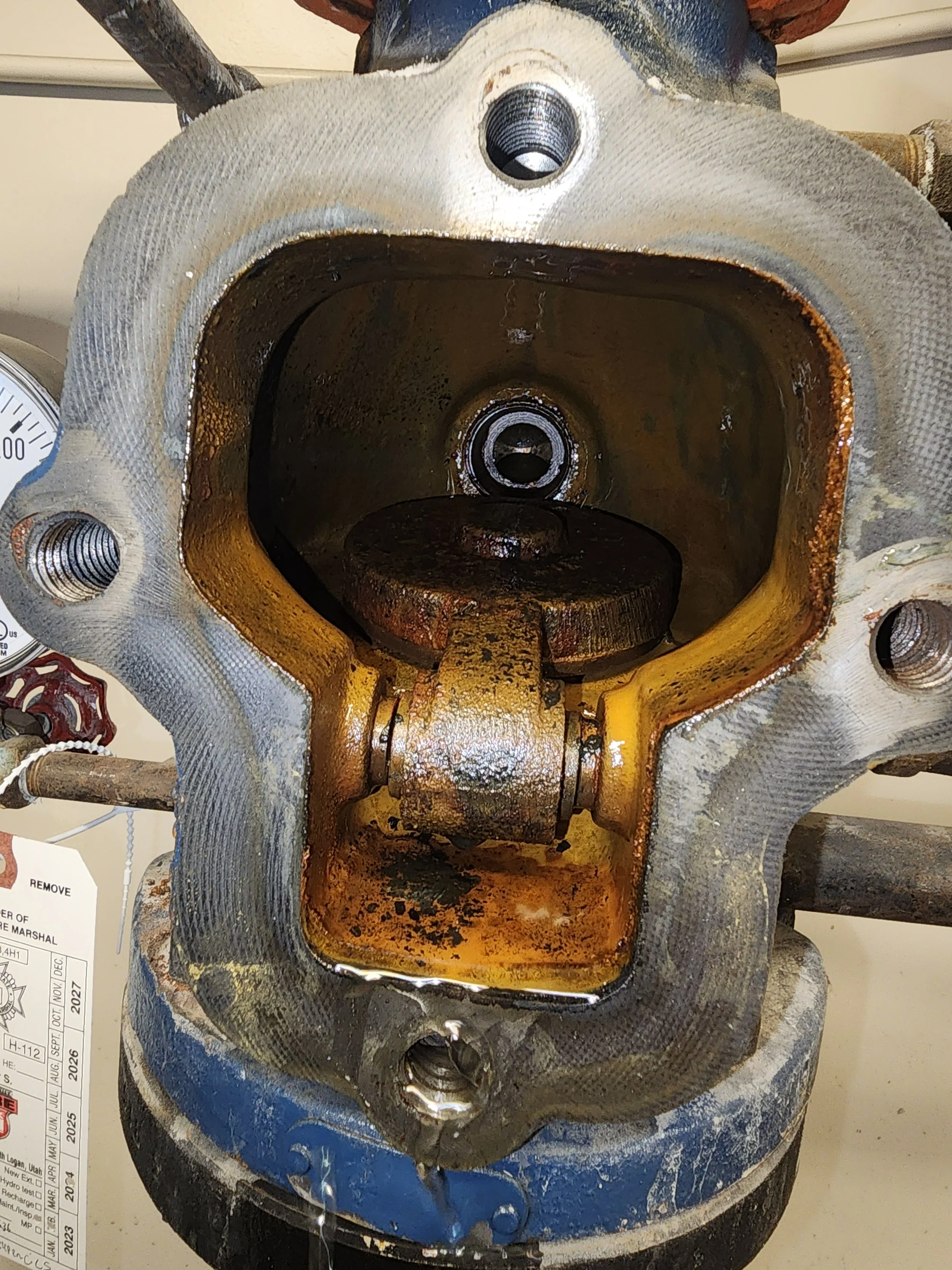 View of an engine cylinder head with the valve cover removed, showing the valves and internal parts, some rust and oil present.