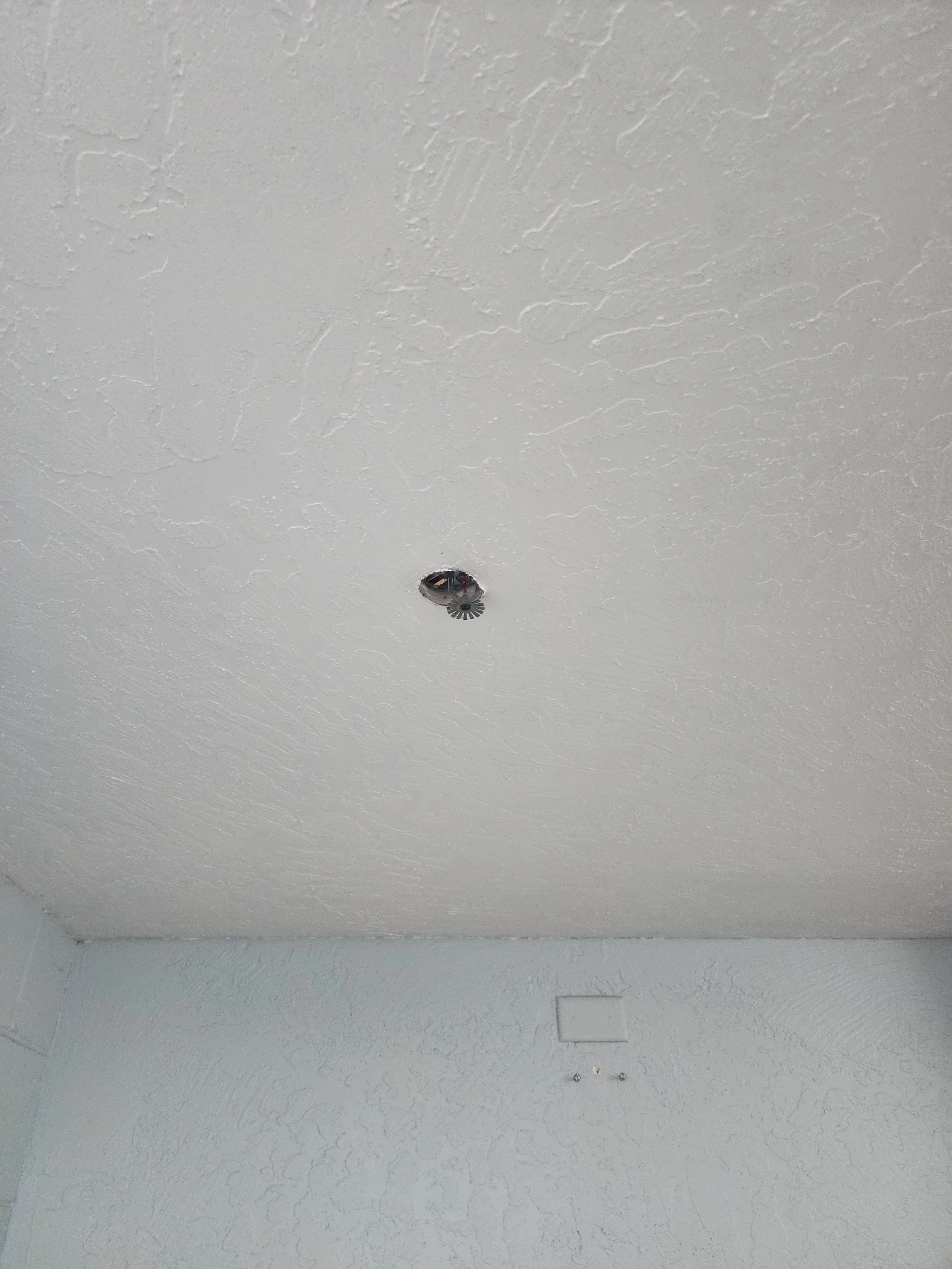 Ceiling with a hole and a recessed light fixture, the fixture is missing the bulb or cover.