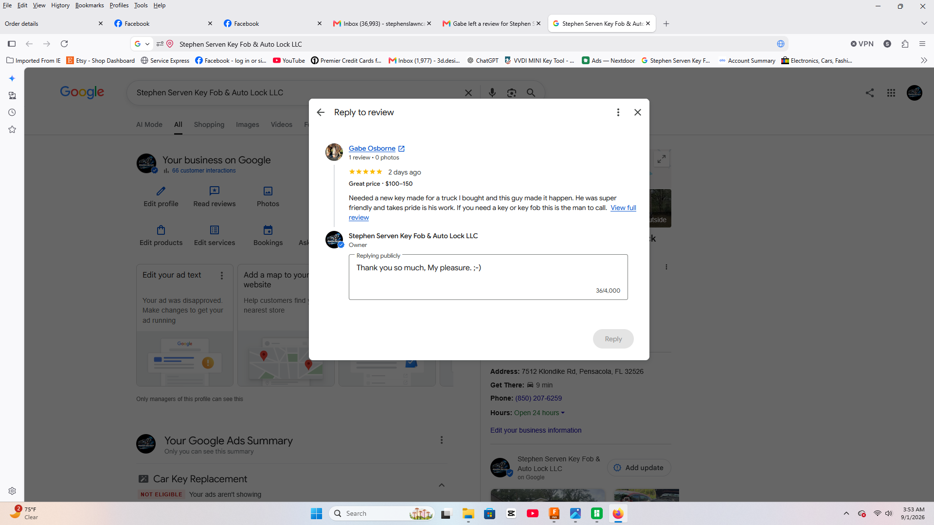 Google review for a truck key in Pensacola