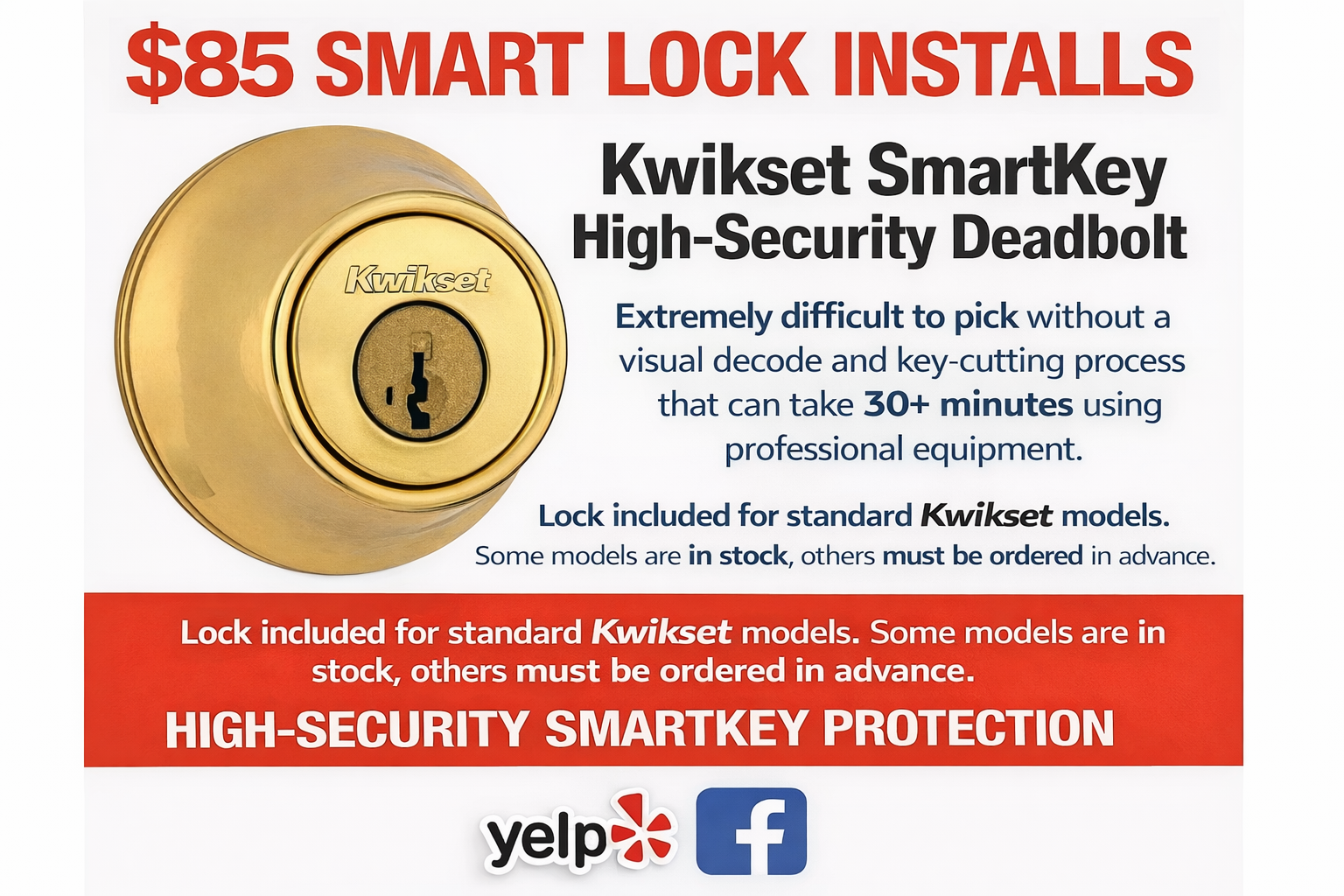 A promotional flyer advertising Kwikset SmartKey high-security deadbolt locks for $85. The flyer shows an image of a gold deadbolt lock on the left and includes descriptions of the lock's security features, difficulty to pick, and stock availability. It also highlights the lock's compatibility with standard Kwikset models and features logos for Yelp and Facebook at the bottom.