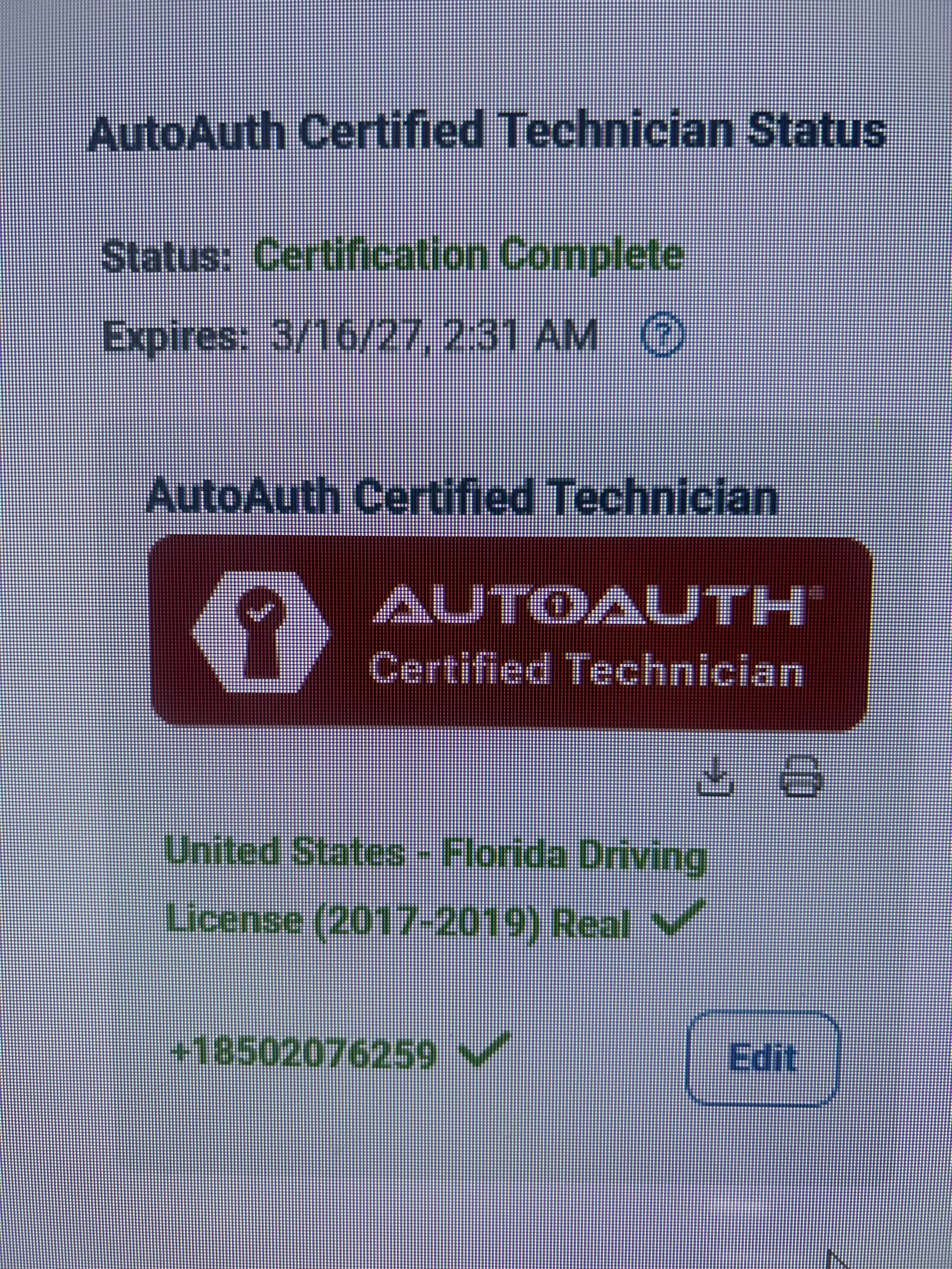 Screenshot of a certification page showing AutoAuth Certified Technician status, certification complete, expiration date March 16, 2027, 2:51 AM, with a red AutoAuth Certified Technician badge and personal license details.