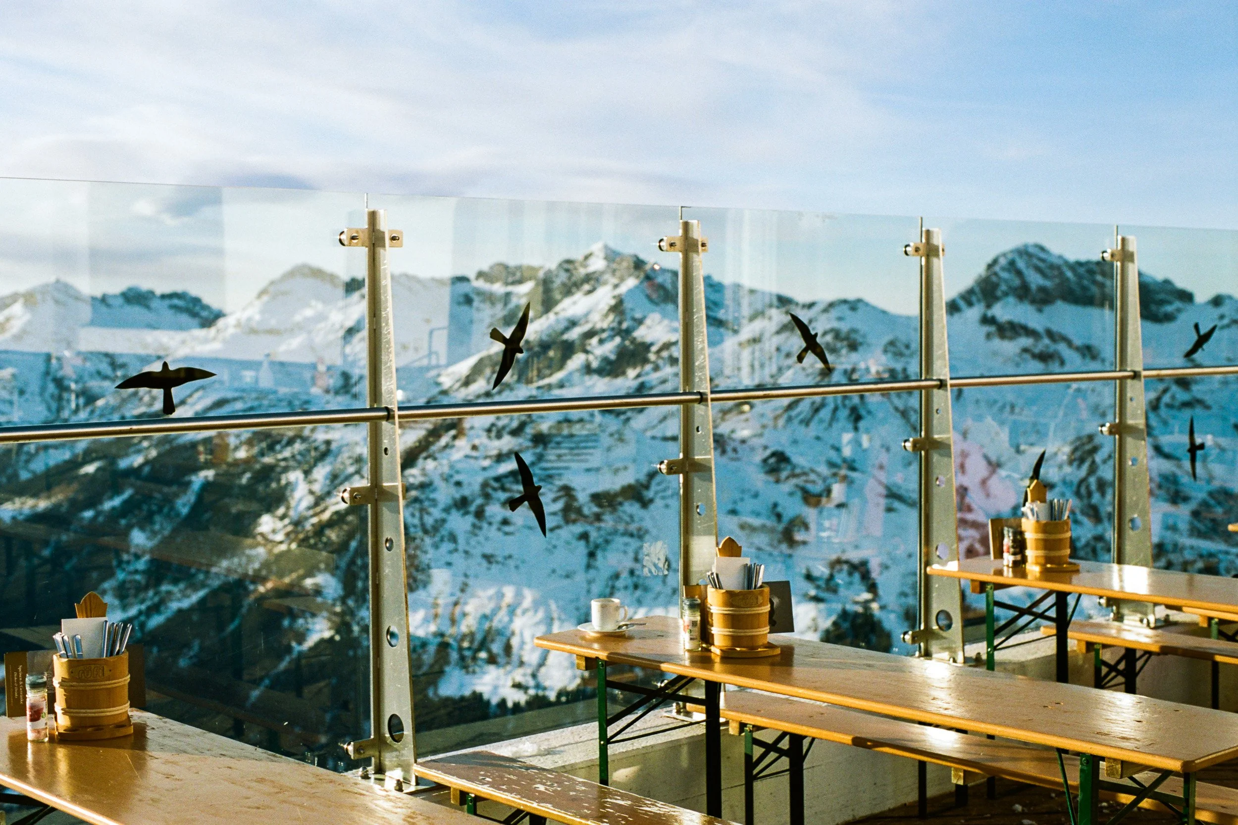 Mountain range view from a restaurant balcony with tables, chairs, and a glass windbreak decorated with bird silhouettes shot on Kodak Portra 160 film.