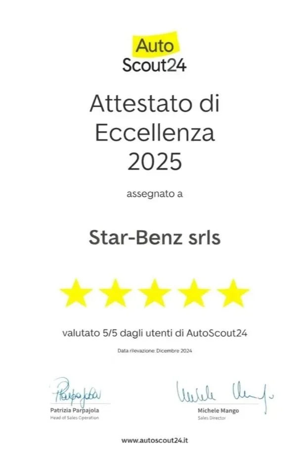 Certificato di Eccellenza 2025 assegnato a Star-Benz srl, valutato 5 stelle dagli utenti di AutoScout24, con firma e date del rilascio a dicembre 2024.