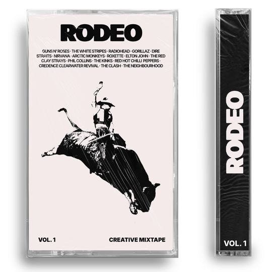 Portada de una cinta de casete titulada 'RODEO', con una imagen en negro y blanco de un vaquero en un toro, y lista de artistas y letras en la parte superior.