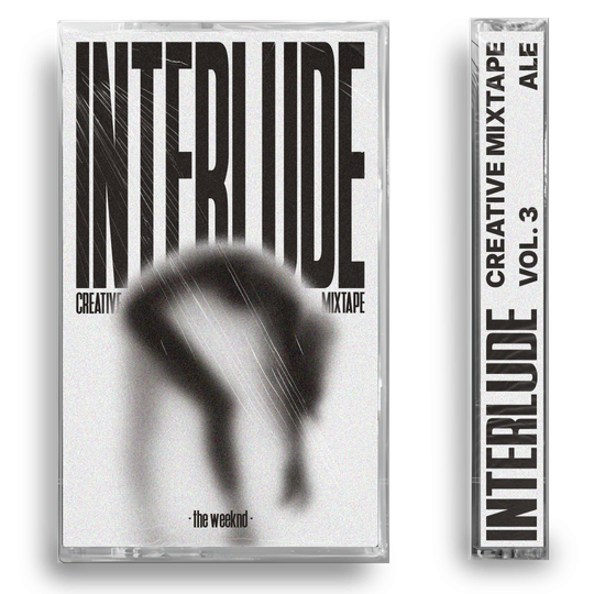 Portada de una cinta de audio llamada 'INTERLUDE' con la palabra en letras grandes y verticales, y un becerro borroso en el centro, además de texto que indica 'CREATIVE MIXTAPE VOL. 3' y 'the weekend'.