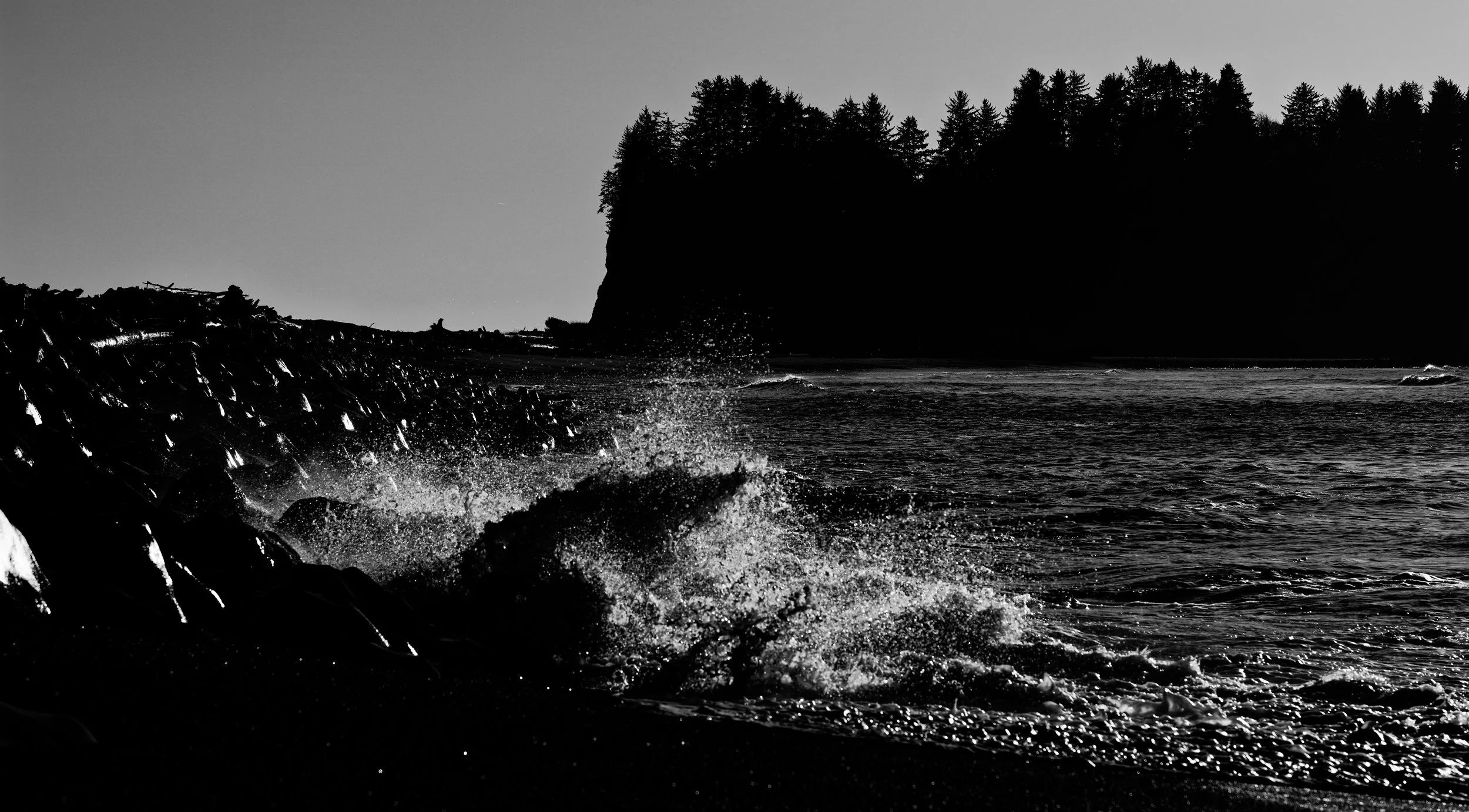 Black and white photo of waves crashing against rocks on a beach with a shadowed forested cliff in the background.