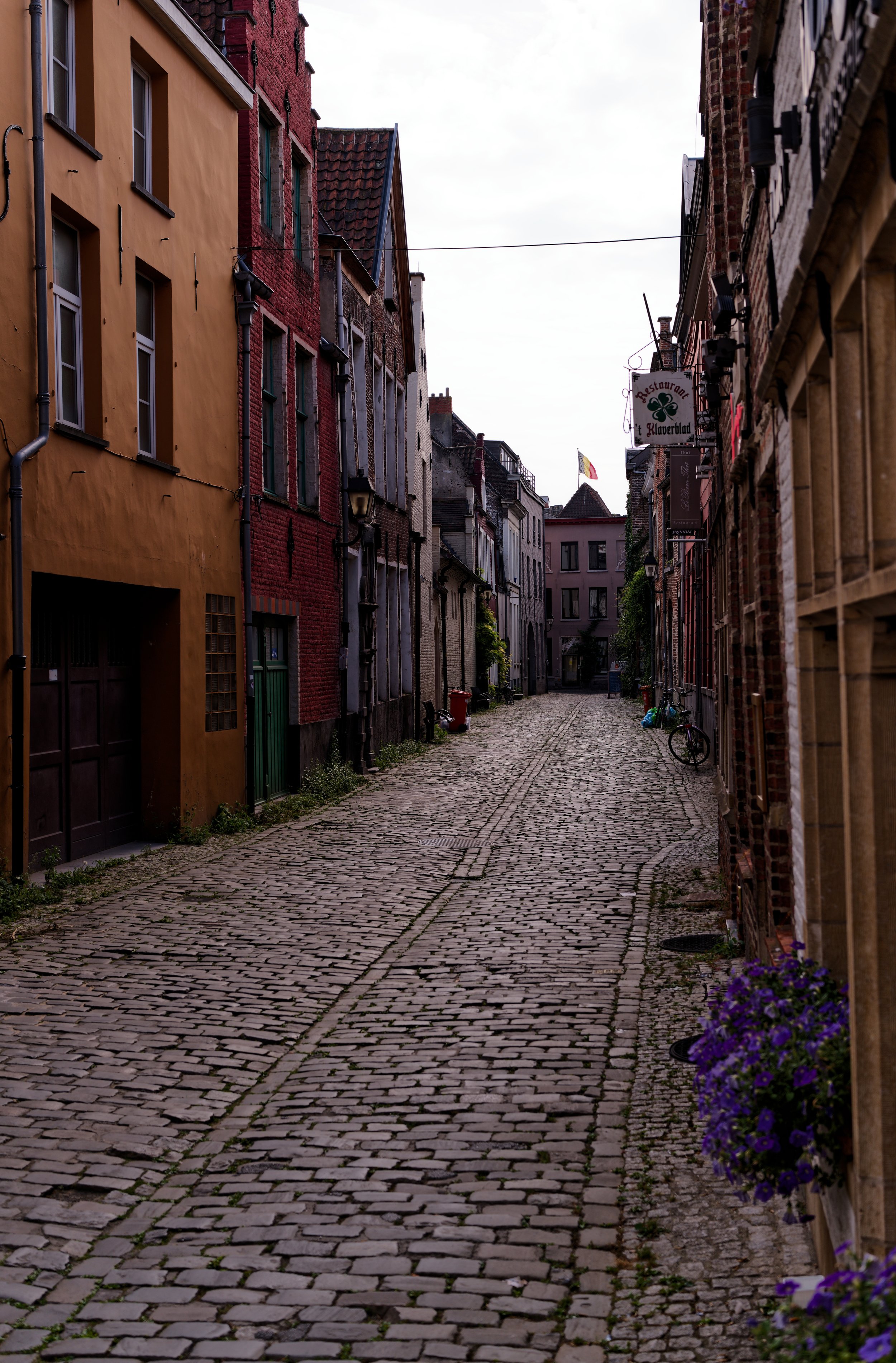 A narrow cobblestone street lined with colorful buildings, some with flowering plants outside, and a bicycle leaning against the wall. Overcast sky.