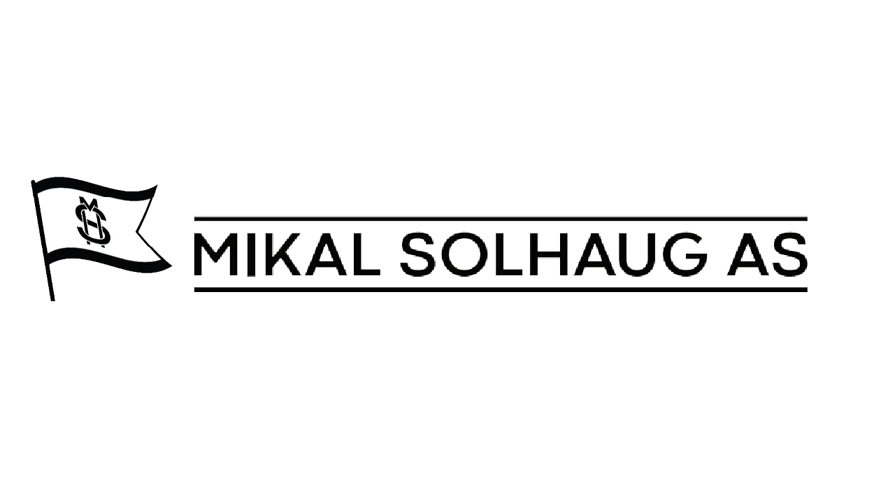 Logo for Mikal Solhaug AS med en svart og hvit flagg med en S på og teksten "MIKAL SOLHAUG AS"