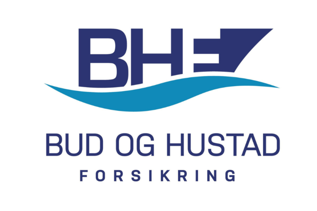 Logo for BUD OG HUSTAD Forsikring, BHF i store blå bokstaver over en blå bølge.