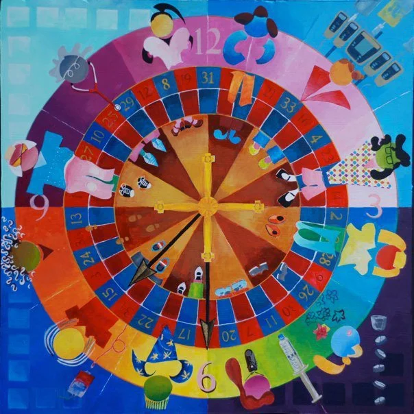 Nurse roulette. Acrylic on drywall, 20 x 20 in. Crisis, Color, and Synthesis, 2010