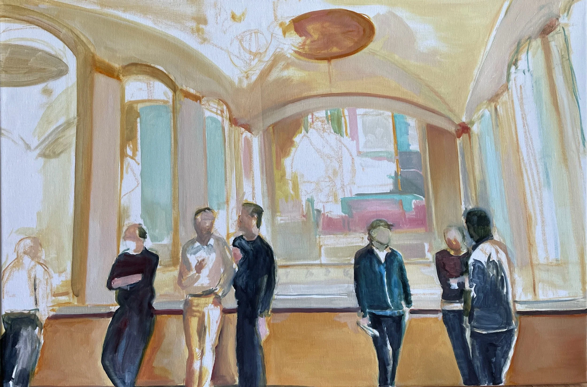 Intermission on the Mezzanine 2 (Schnitzer Concert Hall). Oil on linen, 20 x 30 in. 2023