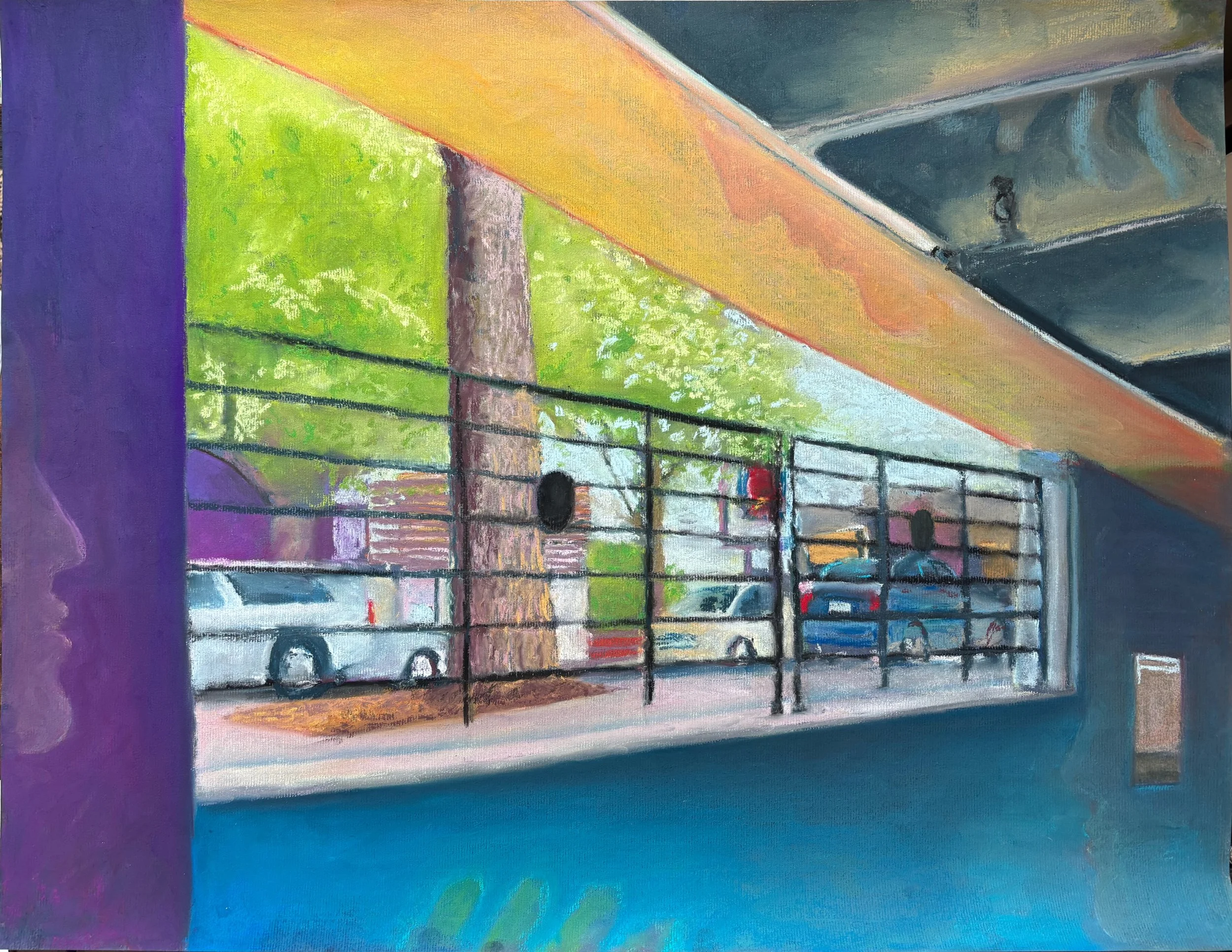 Parking garage ghosts. Pastel on paper, 19 x 24 in. 2025