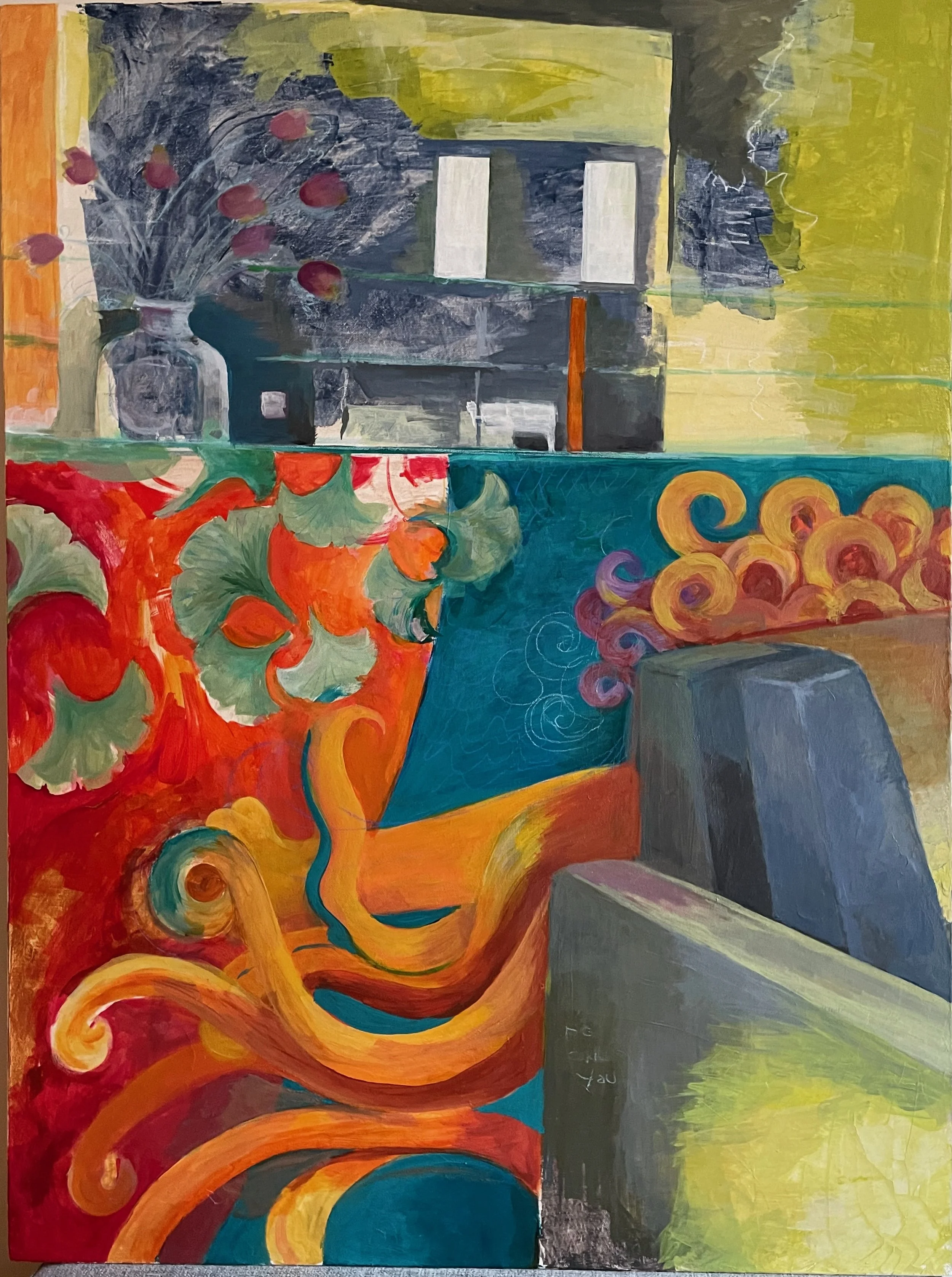 Lincoln High gym, chair, painting, with tulips. Acrylic and oil on canvas. 30 x 40 in. 2022