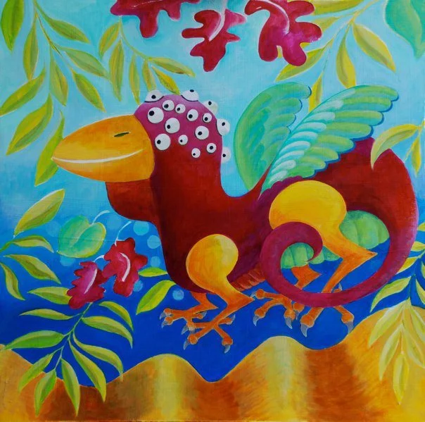 Crazy Happy Bird. Acrylic on drywall, 20 x 20 in. Crisis, Color, and Synthesis, 2010