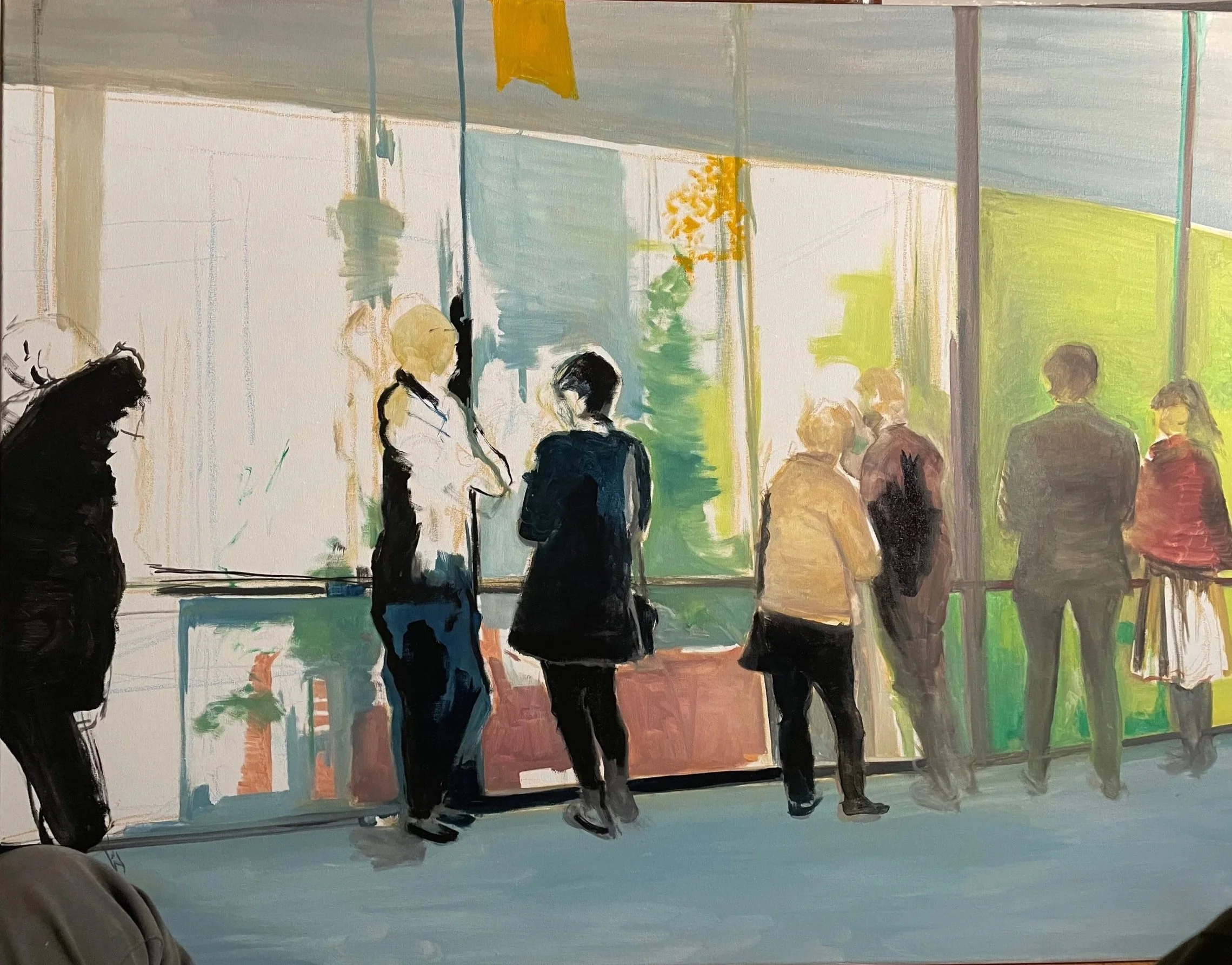 Intermission on the Mezzanine 1 (Keller Auditorium). Oil on linen, 30 x 40 in. 2022