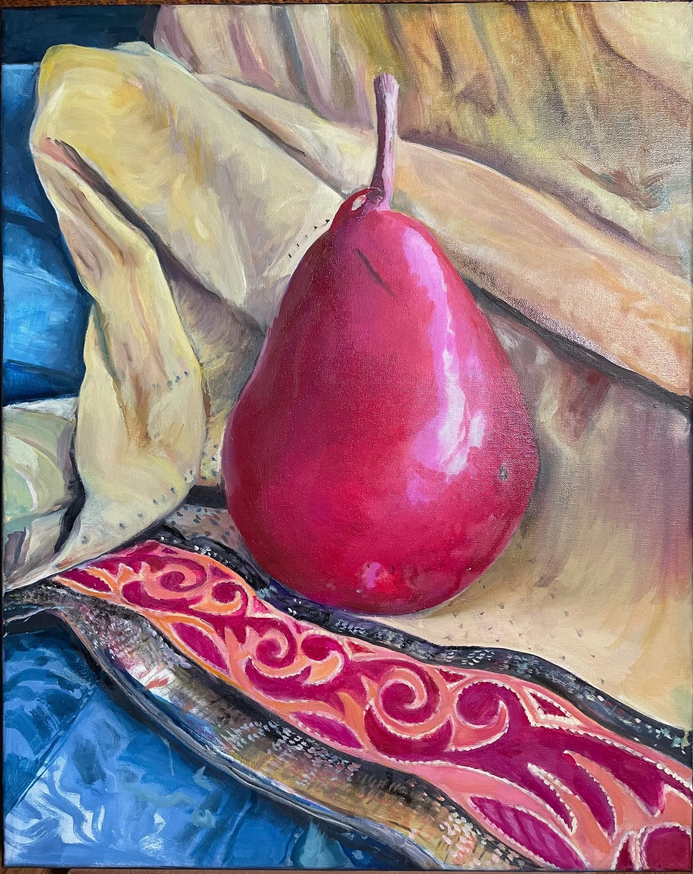 Red pear. Oil on linen, 18 x 14 in. 2023