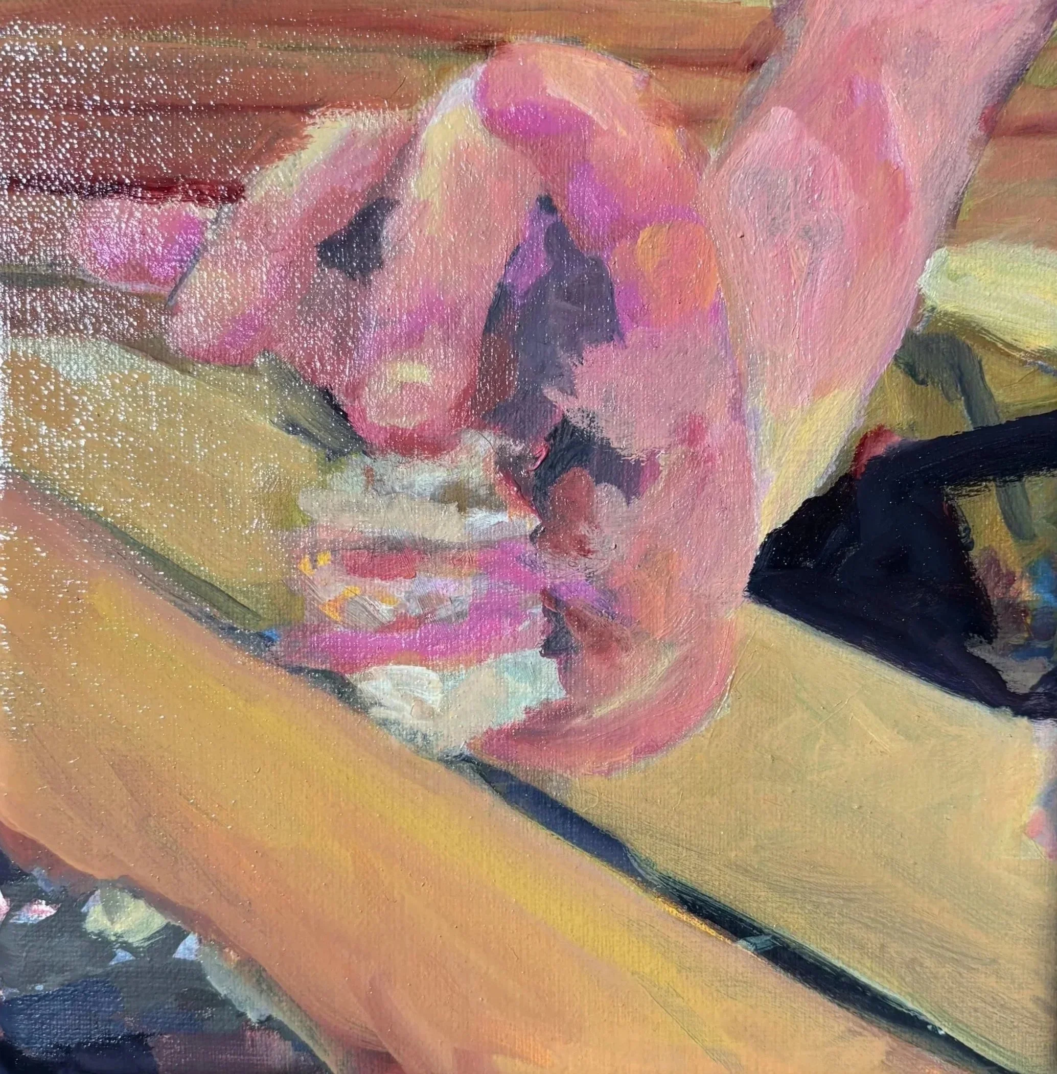 Dancer hands with secret sandwich II. Oil on linen, 6 x 6 in. 2025