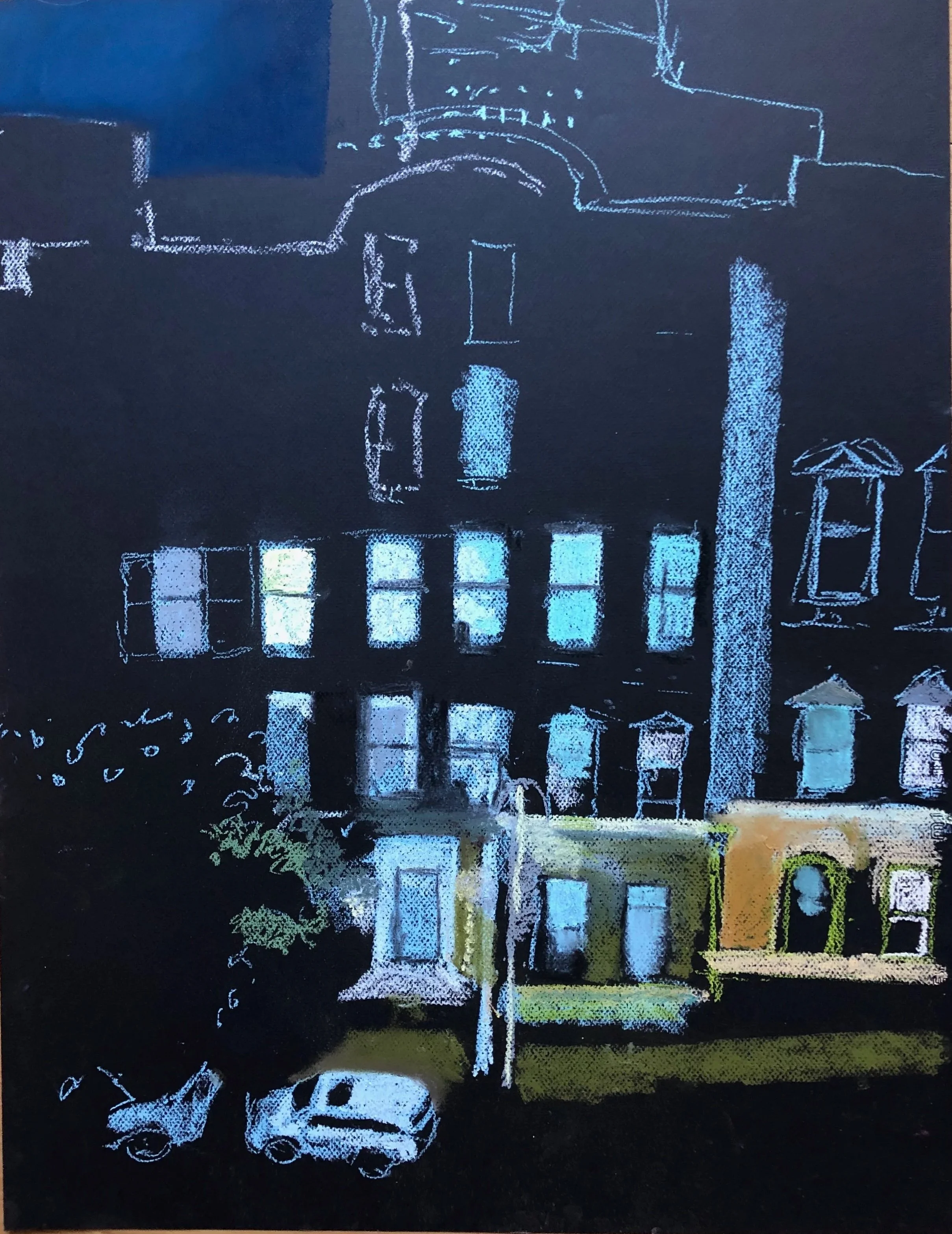 Stormy night from Rebecca's Manhattan window. Pastel on paper, 24 x 19 in. 2021