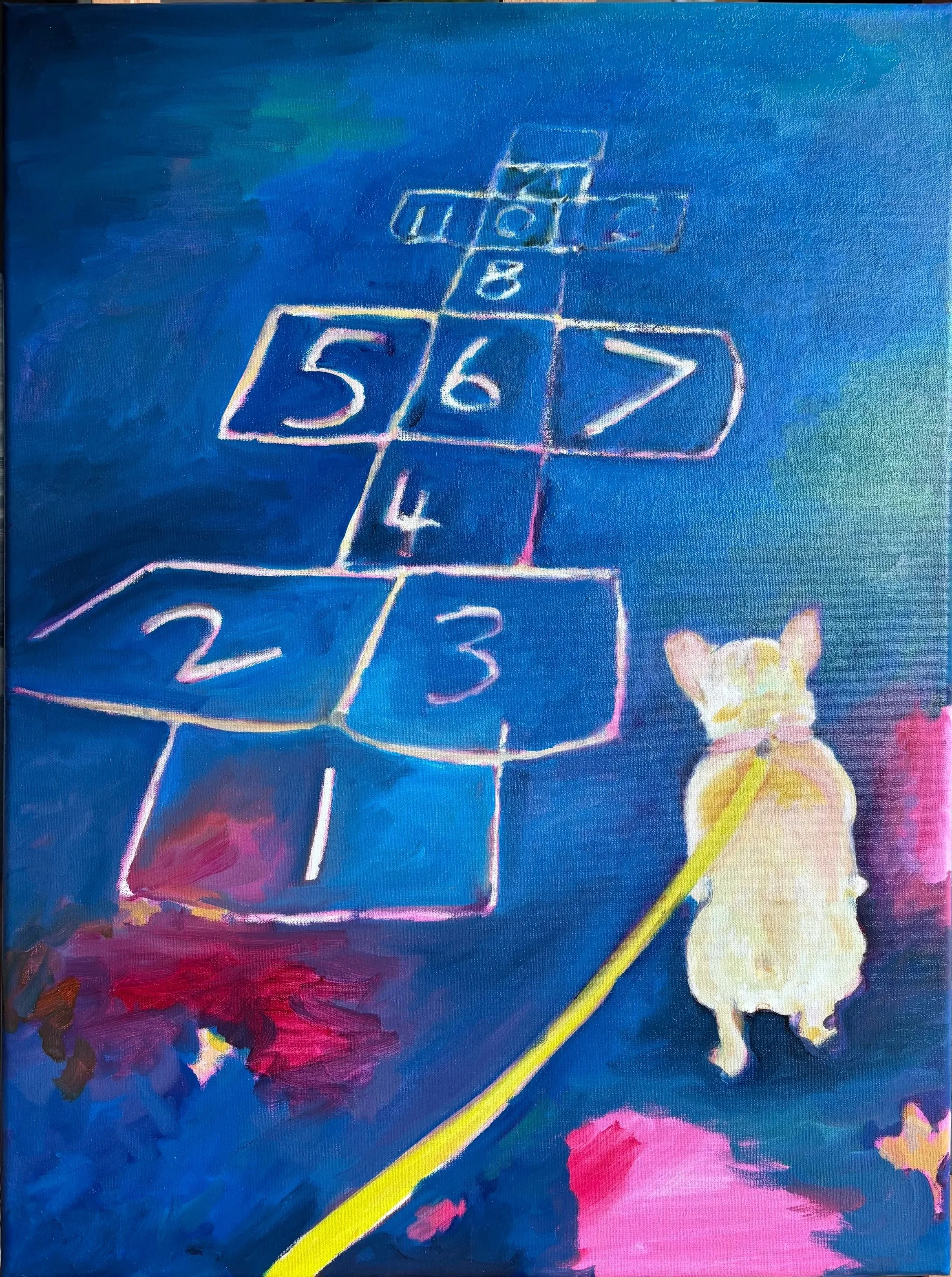 Asphalt hopscotch nocturne (Cognizance V). Oil on linen, drawing oils, 24 x 18 in. 2026.