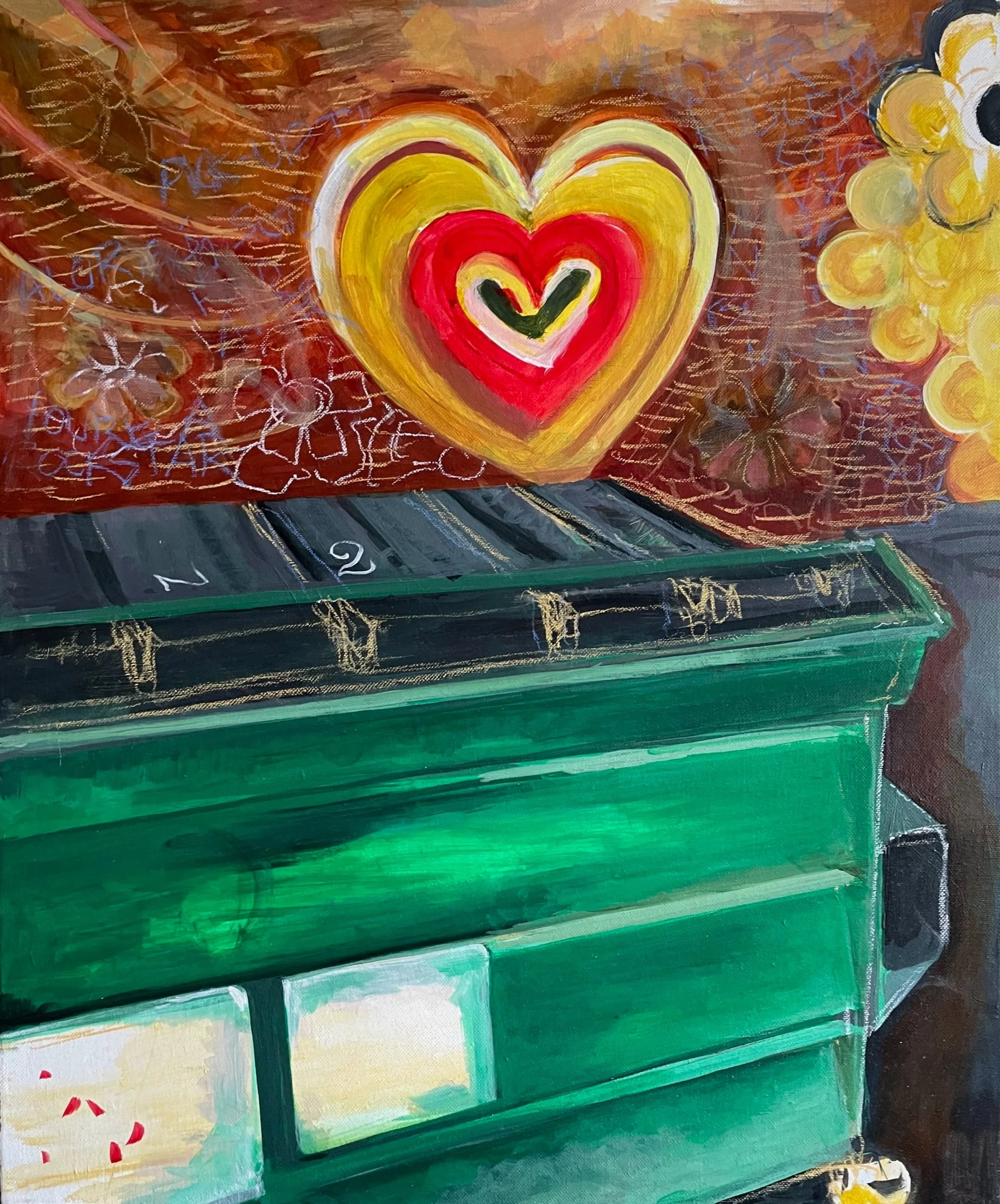 Dumpster love. Acrylic and chalk on canvas, drawing oils. 16 x 12 in. 2022