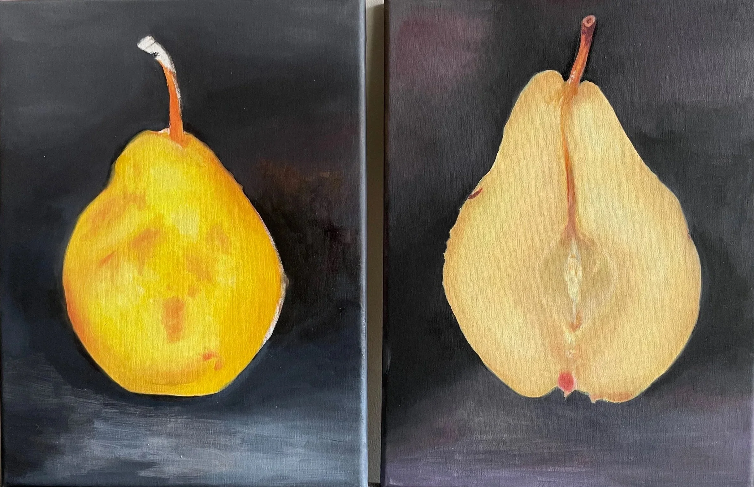 Pears (diptych). Oil on linen, 16 x 12 in. (each). 2023