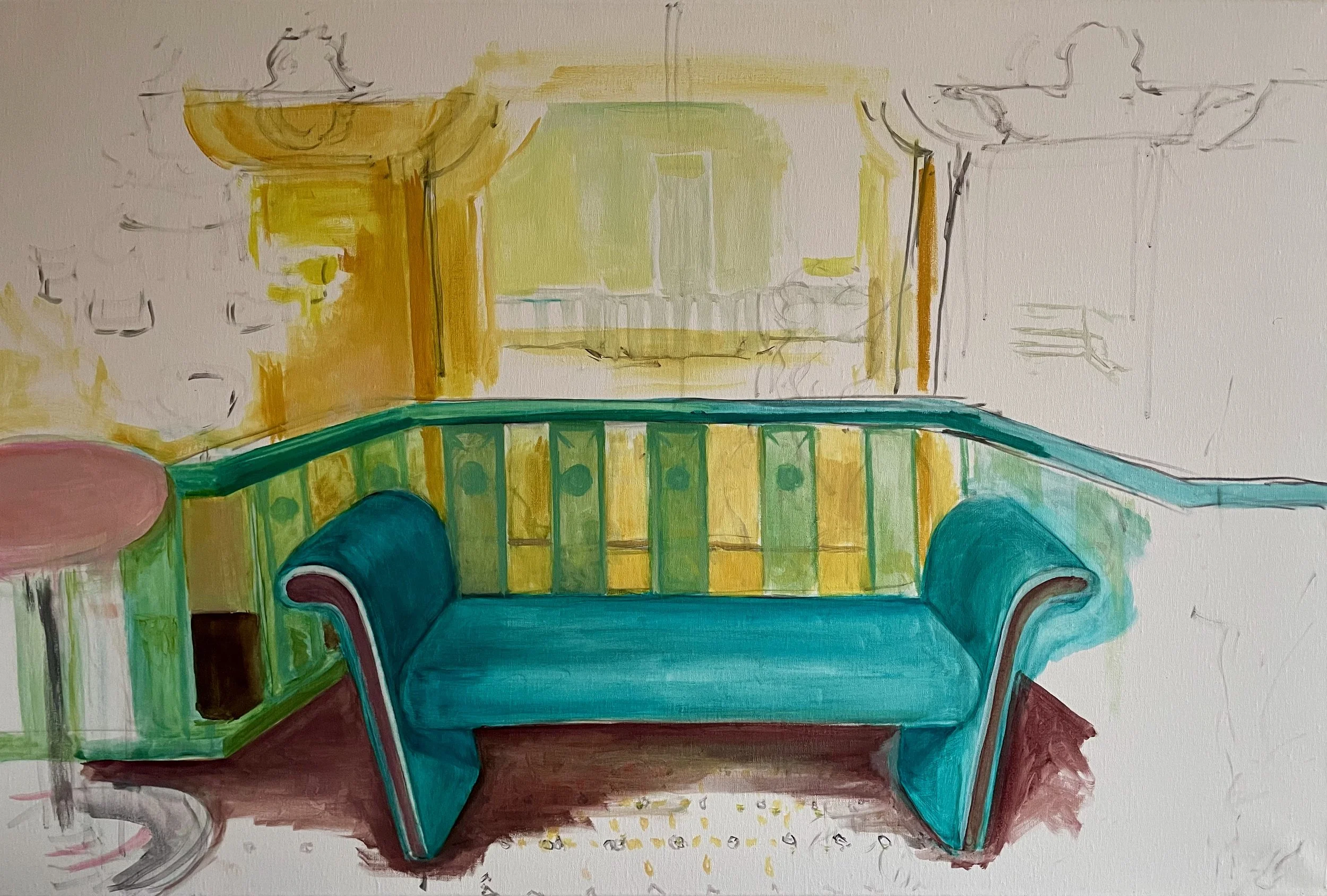 Velvet Settee (at the Schnitzer Auditorium). Oil on linen, 20 x 30. 2023