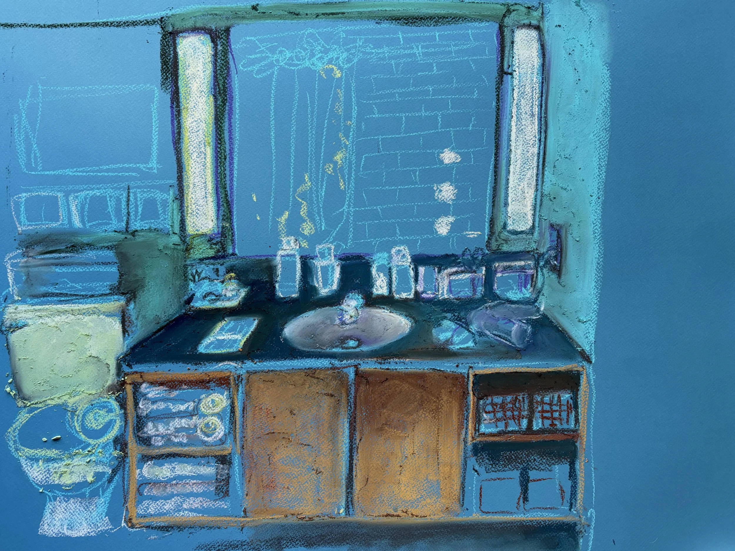 Remote worker mandatory meeting. Pastel on paper, 19 x 24 in. (Afterburn series, 2025)