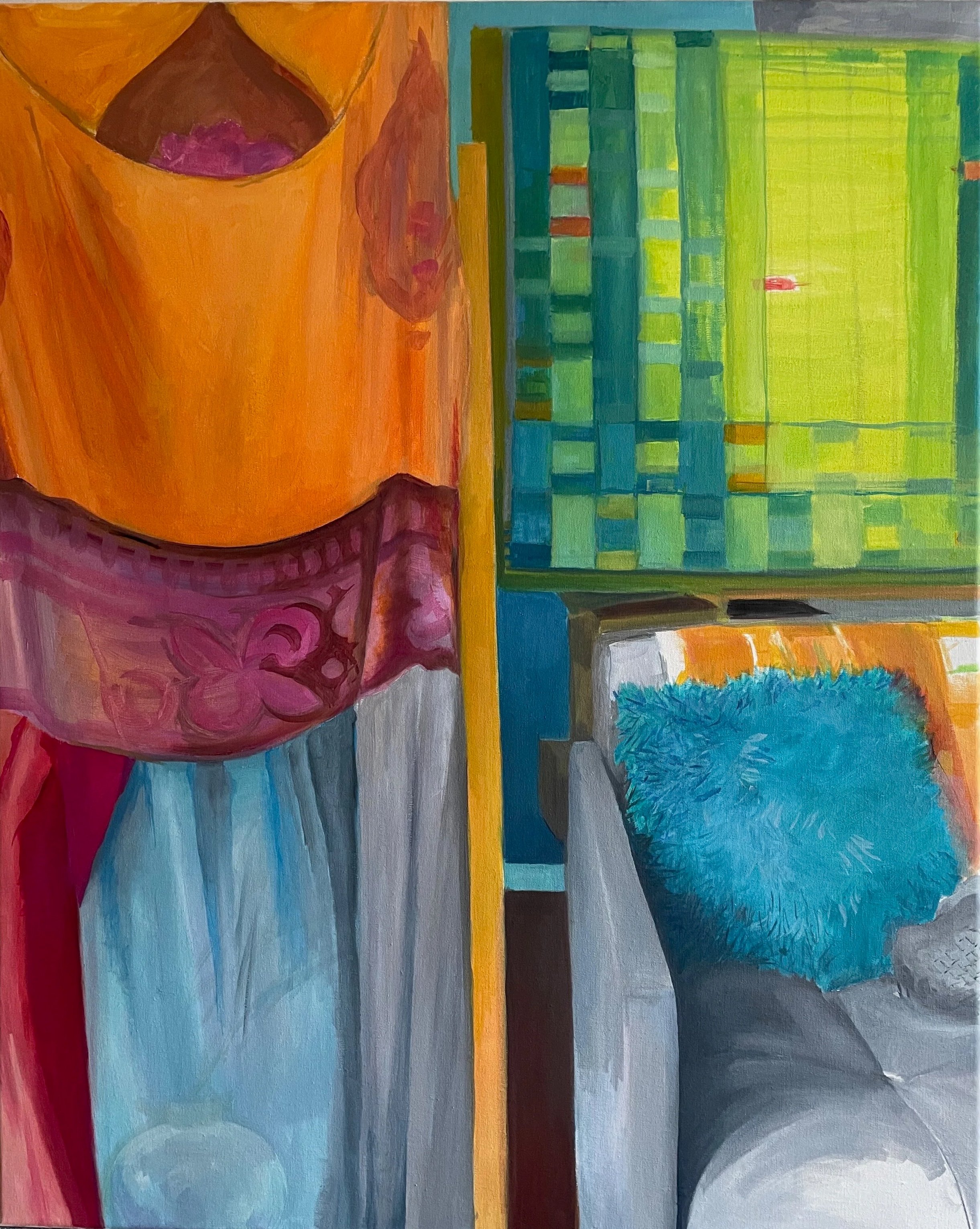 Silk Dress with Quilt. Oil on linen, 24 x 30 in. 2023
