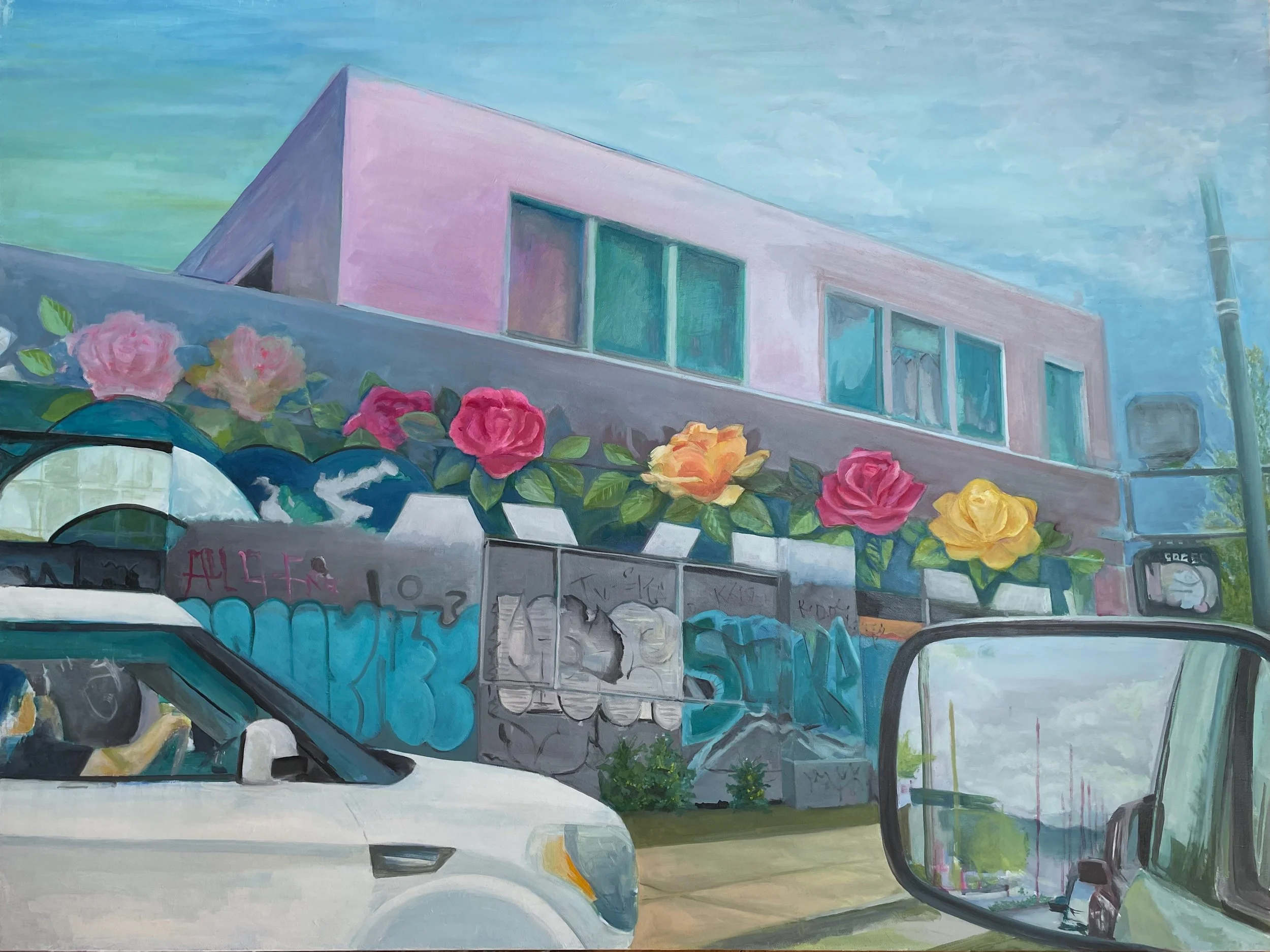 At the stoplight. 
Oil on linen, 30 x 40 in. 
2023