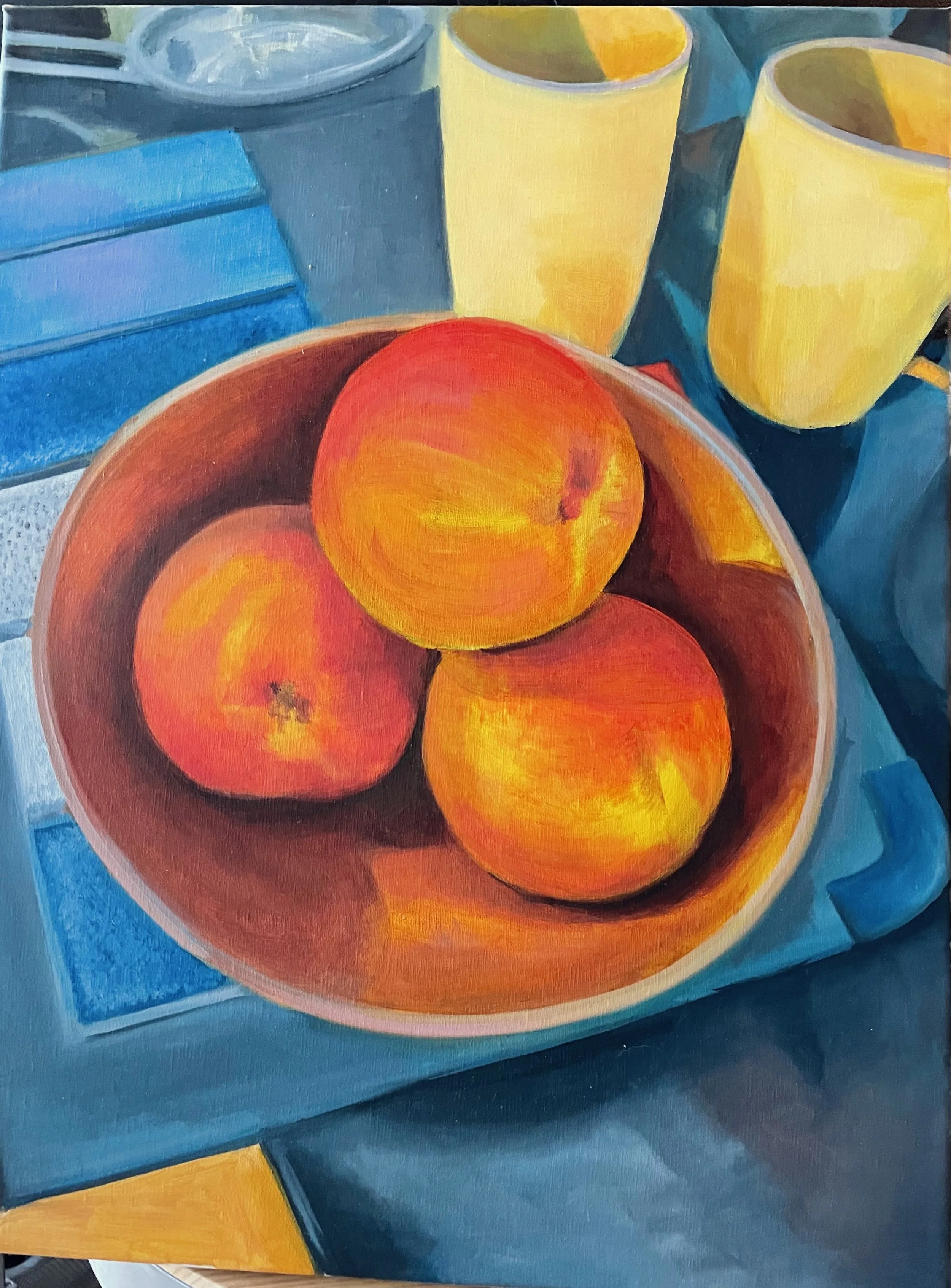 Three Peaches. Oil on linen, 18 x 14 in. 2023