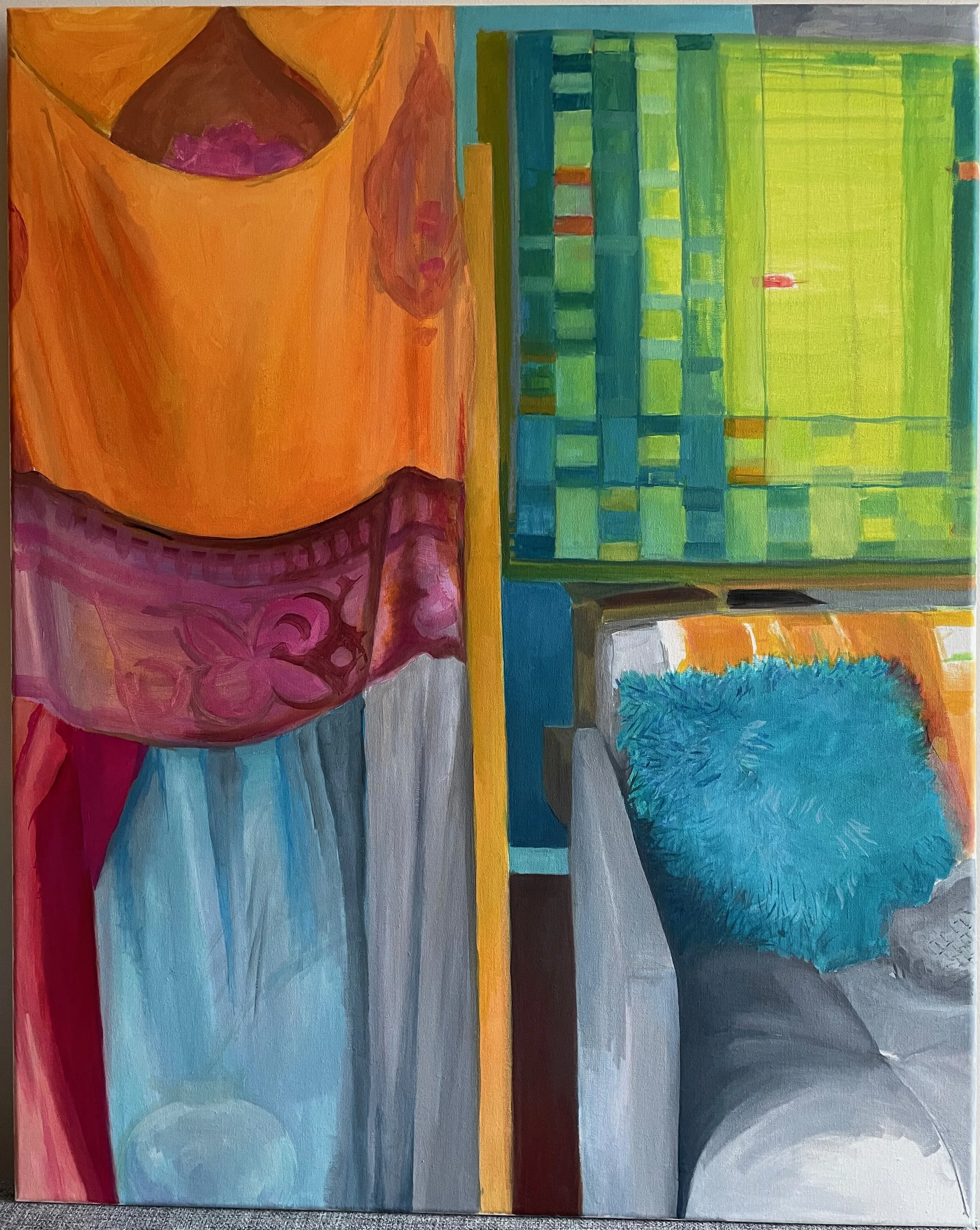 Dress, Easel, Chair, Pillow, Quilt. Oil on linen, 24 x 30 in. 2023