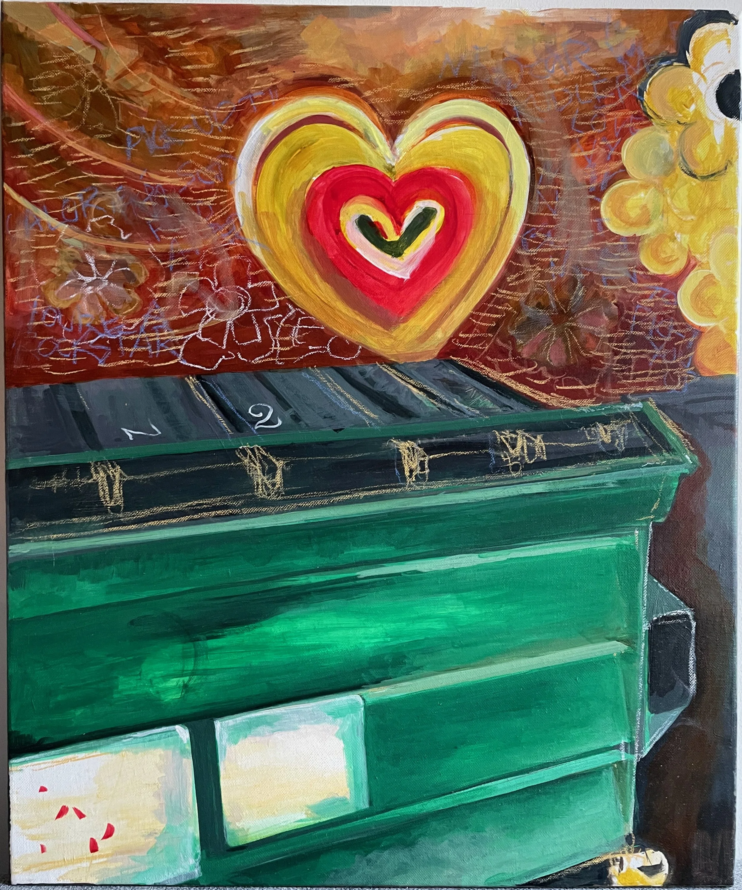 Dumpster love. Acrylic and chalk on canvas, drawing oils. 16 x 12 in. 2022