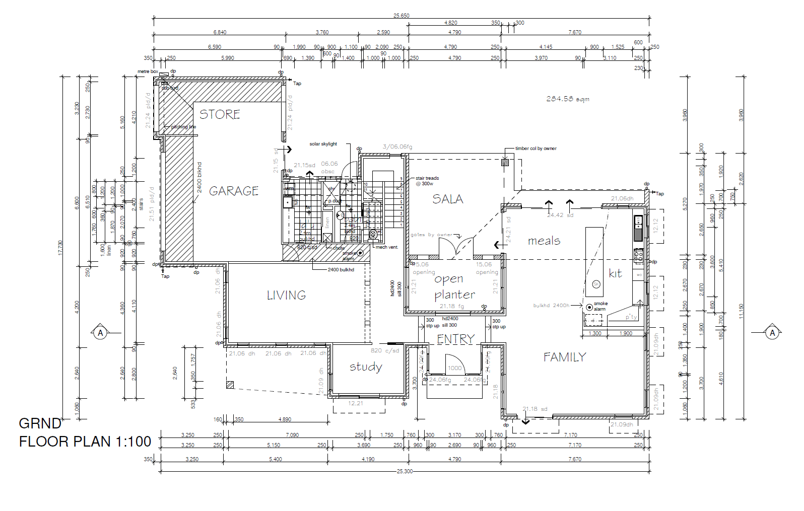 Architectural floor plan of a house with labeled rooms including garage, store, living, sala, meals, kitchen, family, entry, study, and various measurements. Building Design Brisbane.