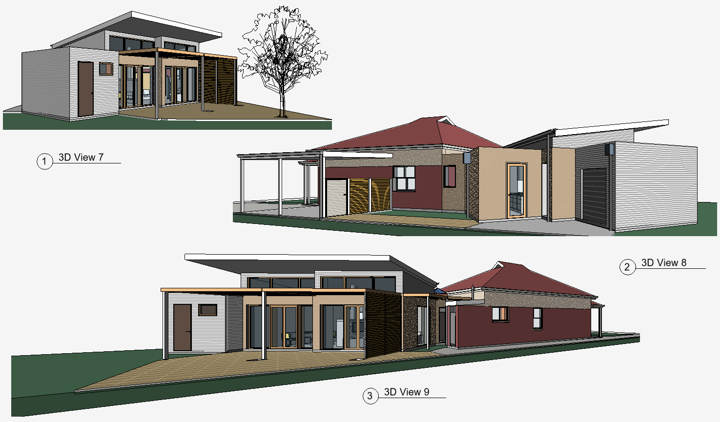 3D architectural drawings of a modern house from various angles, showing different exterior features including a patio, windows, and a mix of siding materials, with a tree in the background. Sustainable Renovation.