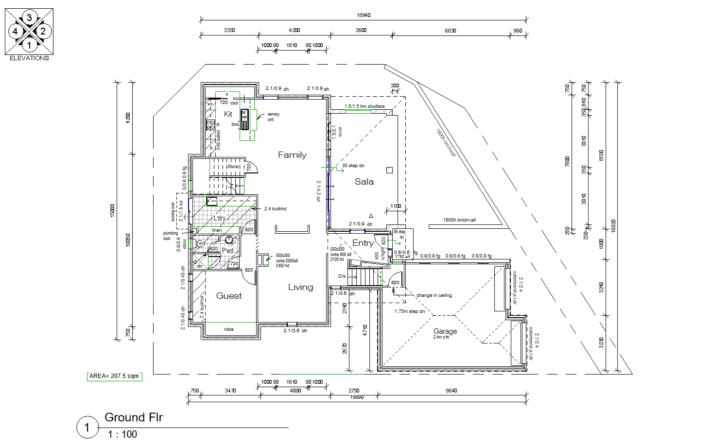 Architectural floor plan of a house with labeled rooms including living, guest, family, kitchen, sala, entry, garage, and various measurements.