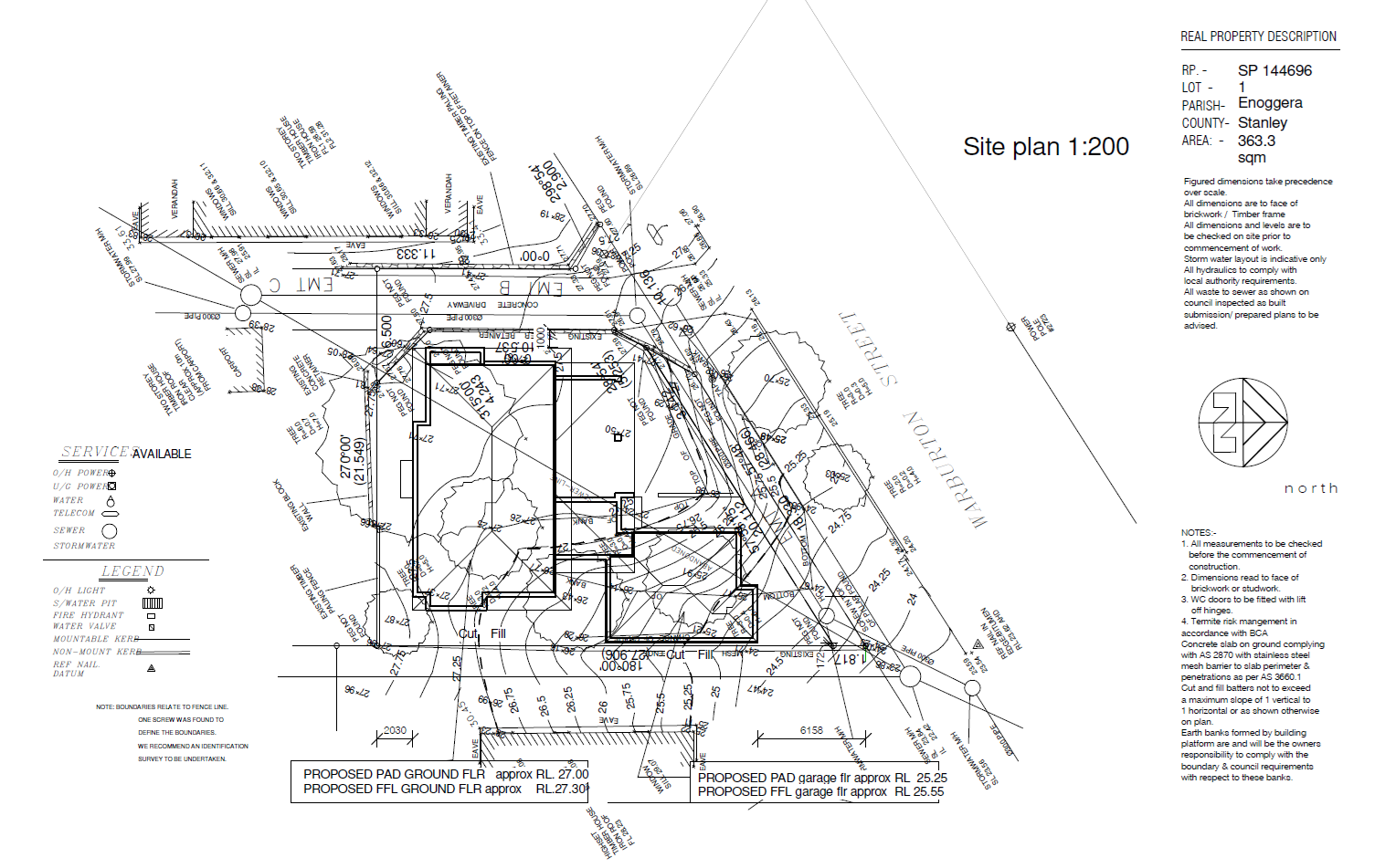 Site plan for a property showing measurements, boundaries, utilities, and construction details, with a north arrow and legend for symbols and service availability.