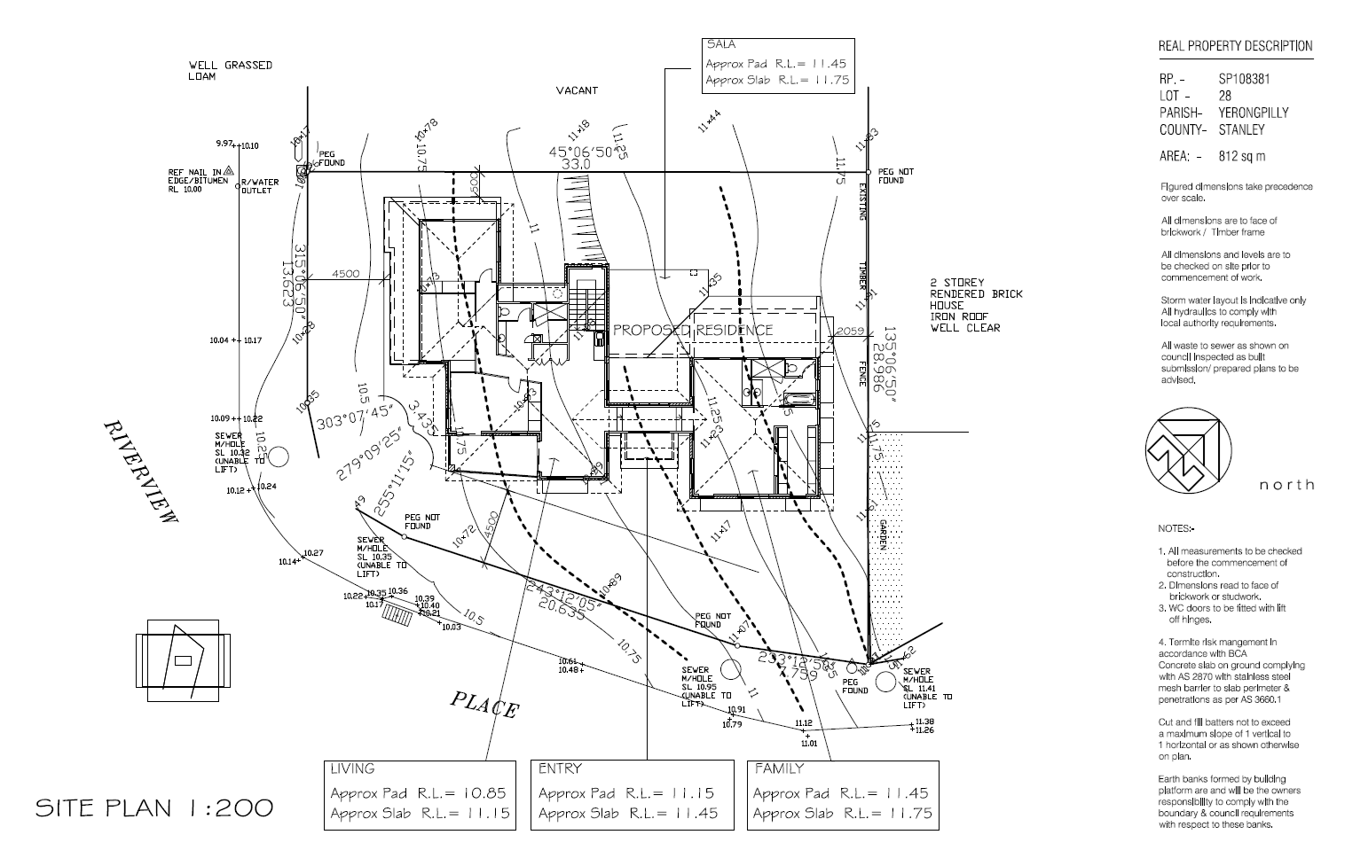 Architectural site plan for a proposed residence, showing layout, dimensions, property boundaries, drainage details, and construction notes.