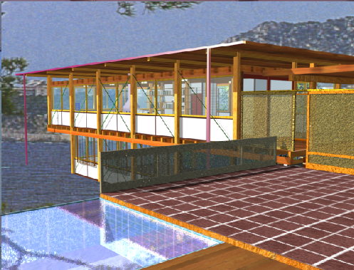 A modern house under construction near a lake, with an open deck, glass and wood walls, and a tiled floor.
