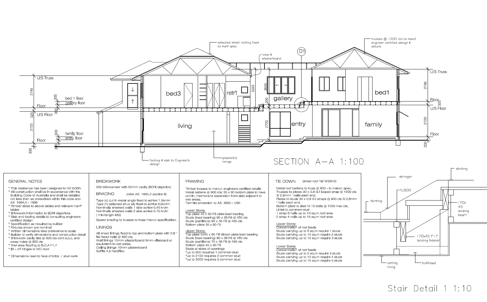 Architectural section drawing of a two-story house with labeled rooms, structural details, and construction notes.