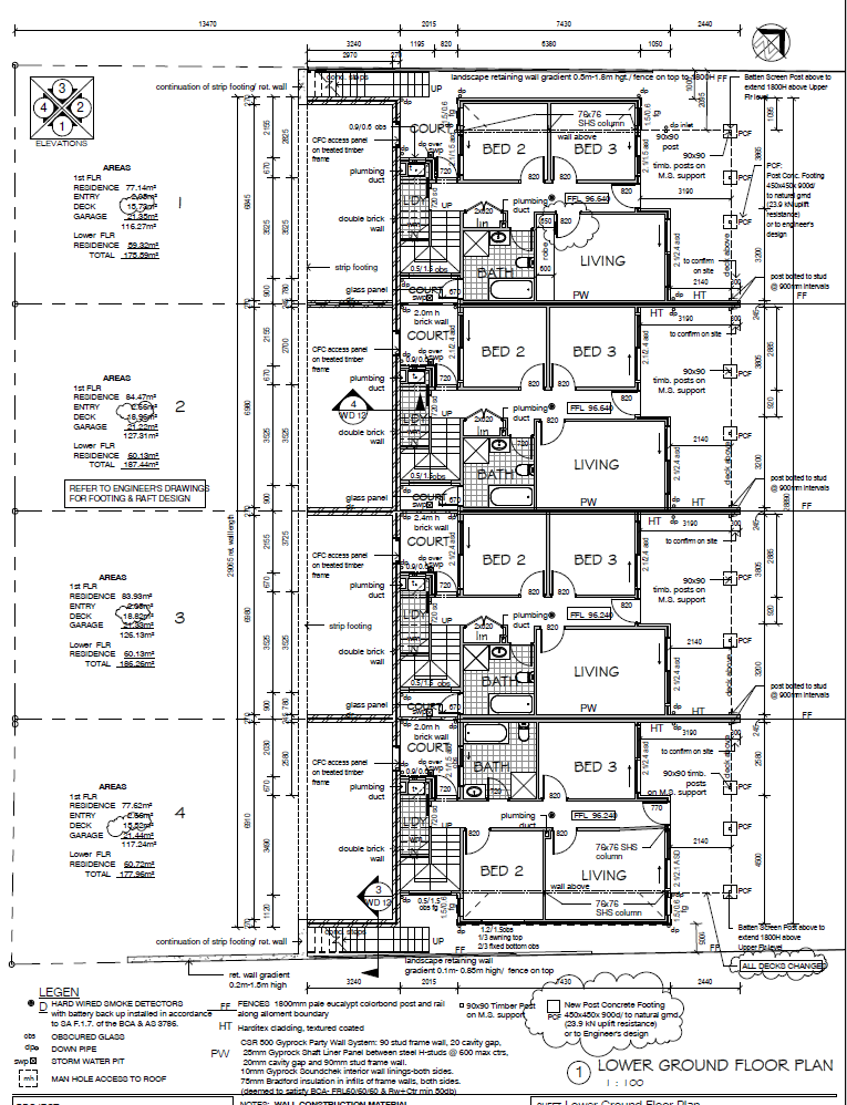 Architectural blueprints of a residential building's lower ground floor, showing room layouts, dimensions, and construction details.