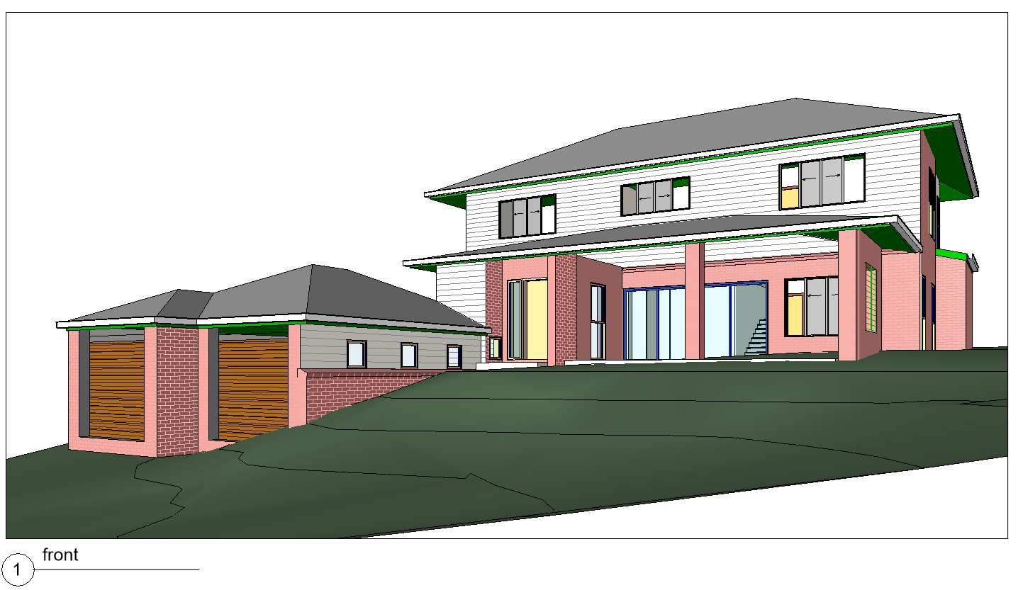 A modern multi-story house with a brick and siding exterior, large windows, and a two-car garage on a sloped lot.