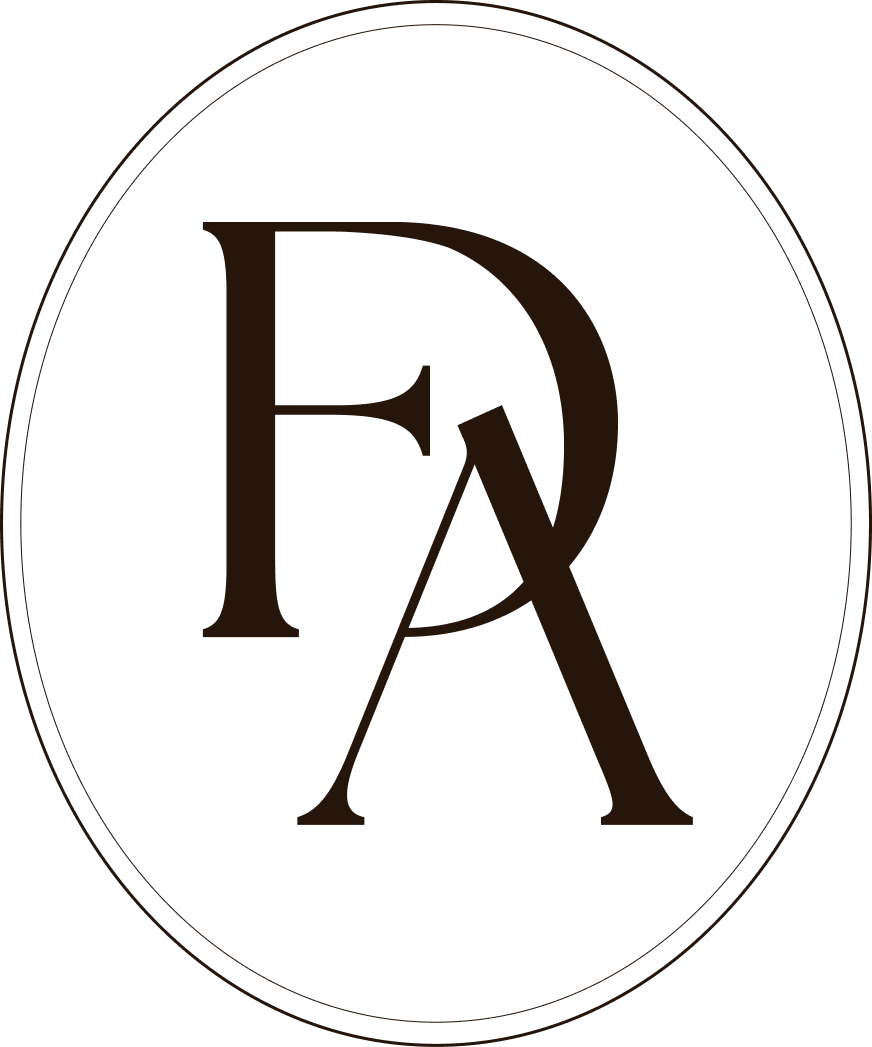 Dark background with a monogram logo featuring the letters 'F' and 'A' intertwined within a circle.
